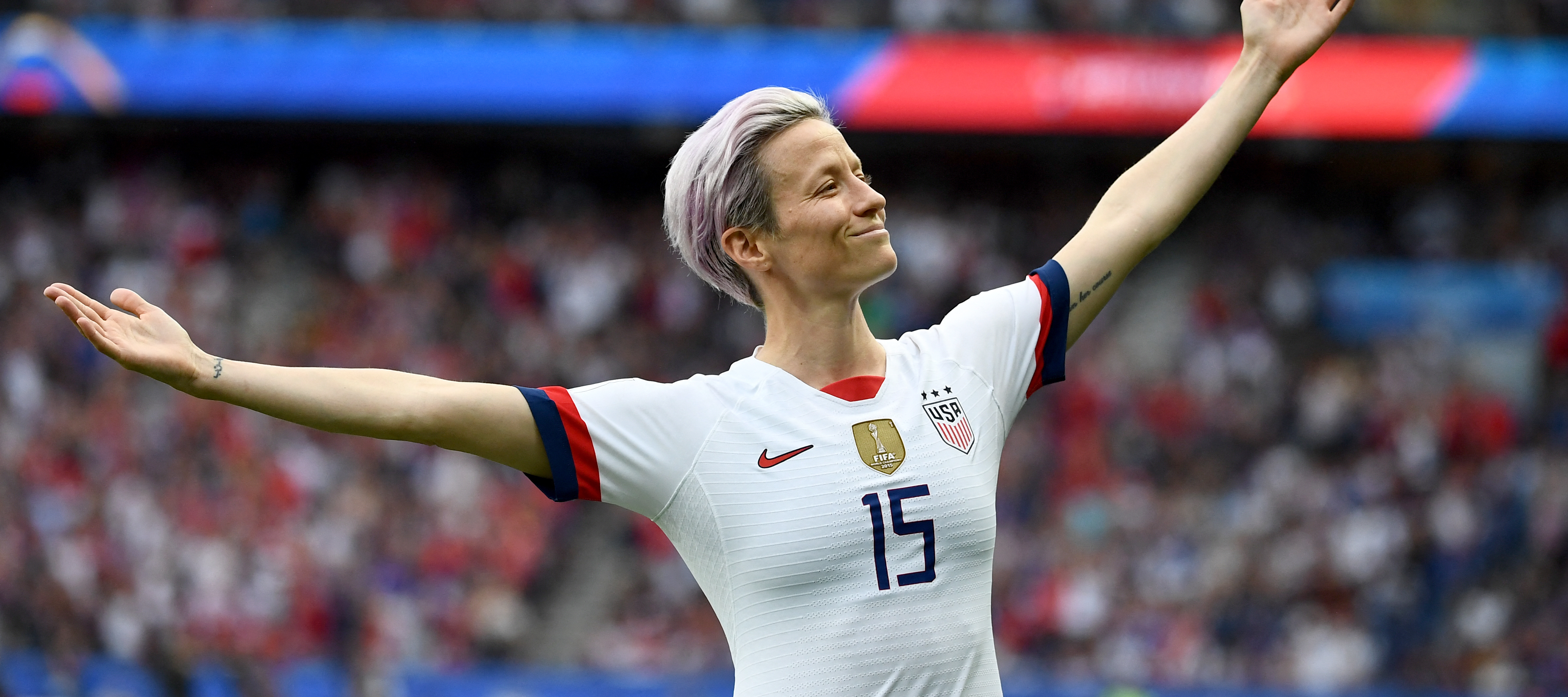 United States' forward Megan Rapinoe celebrates scoring her team's first goal during the France 2019 Women's World Cup quarter-final football match on June 28, 2019.