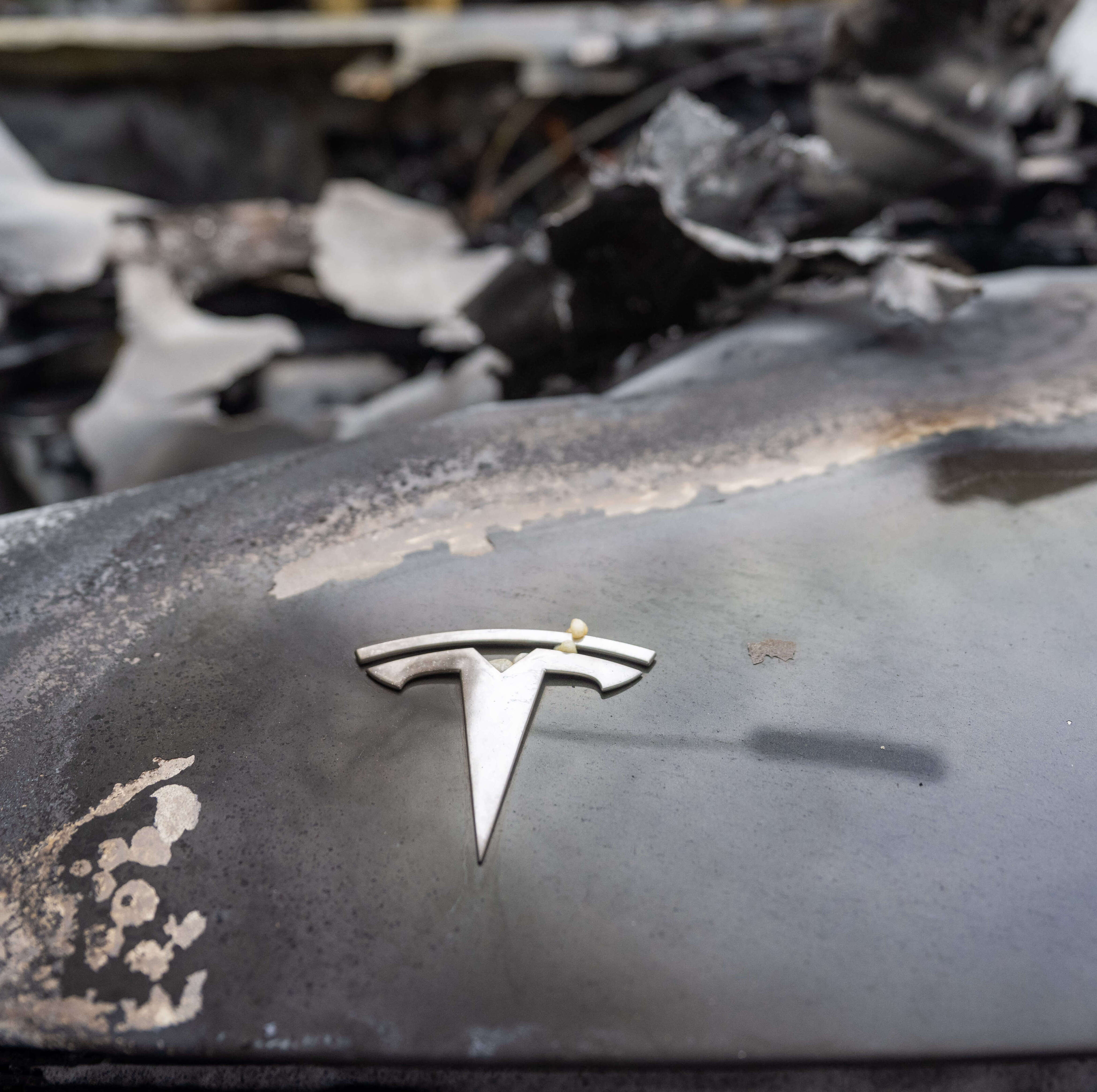 A crashed and burned Tesla.
