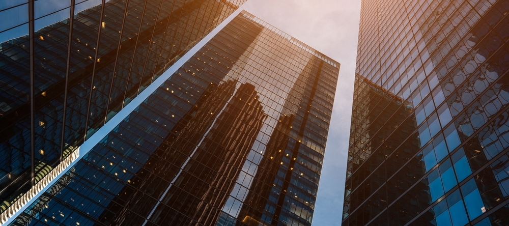 Low angle view of skyscrapers.