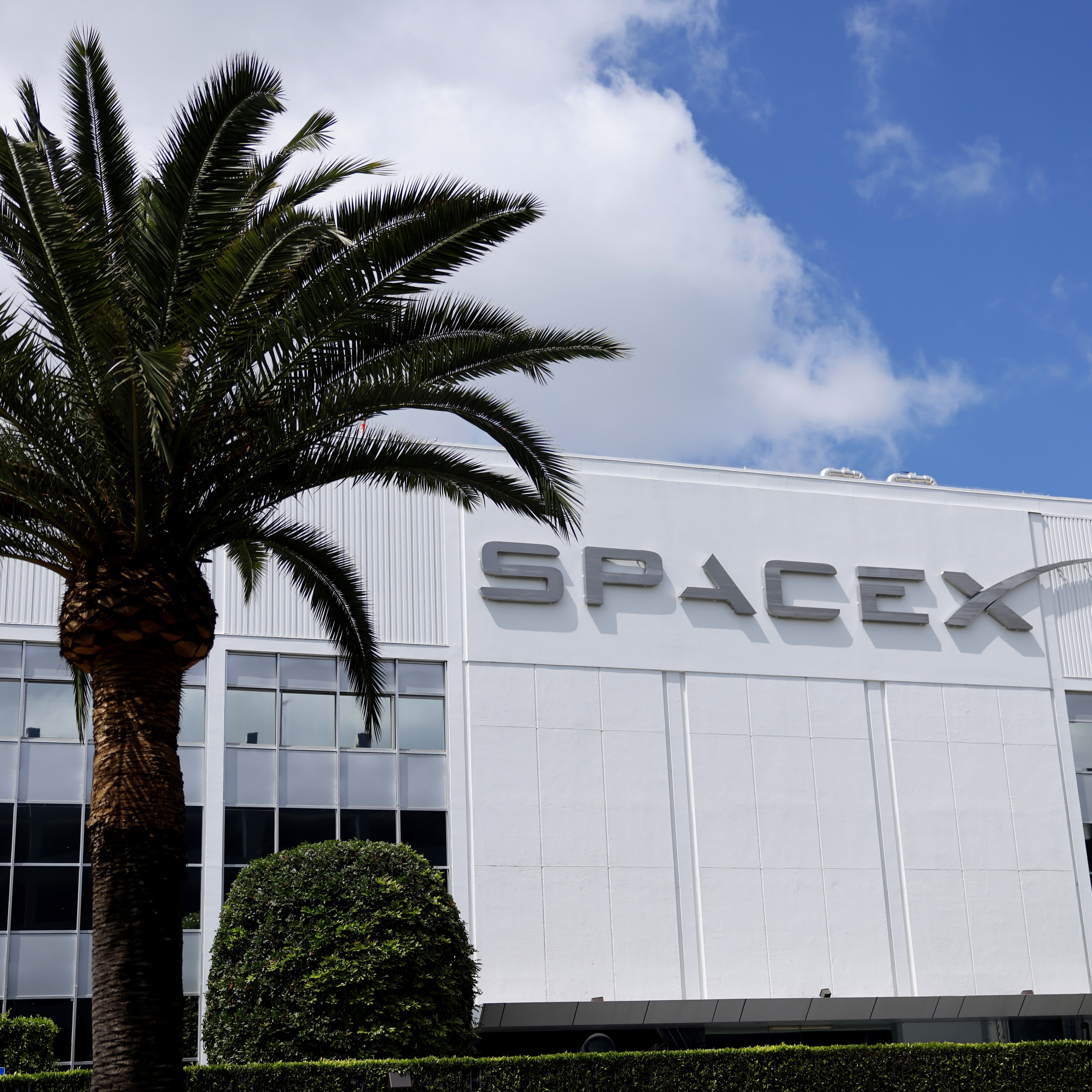 The SpaceX logo is displayed at a SpaceX facility on April 2, 2026 in Hawthorne, California.