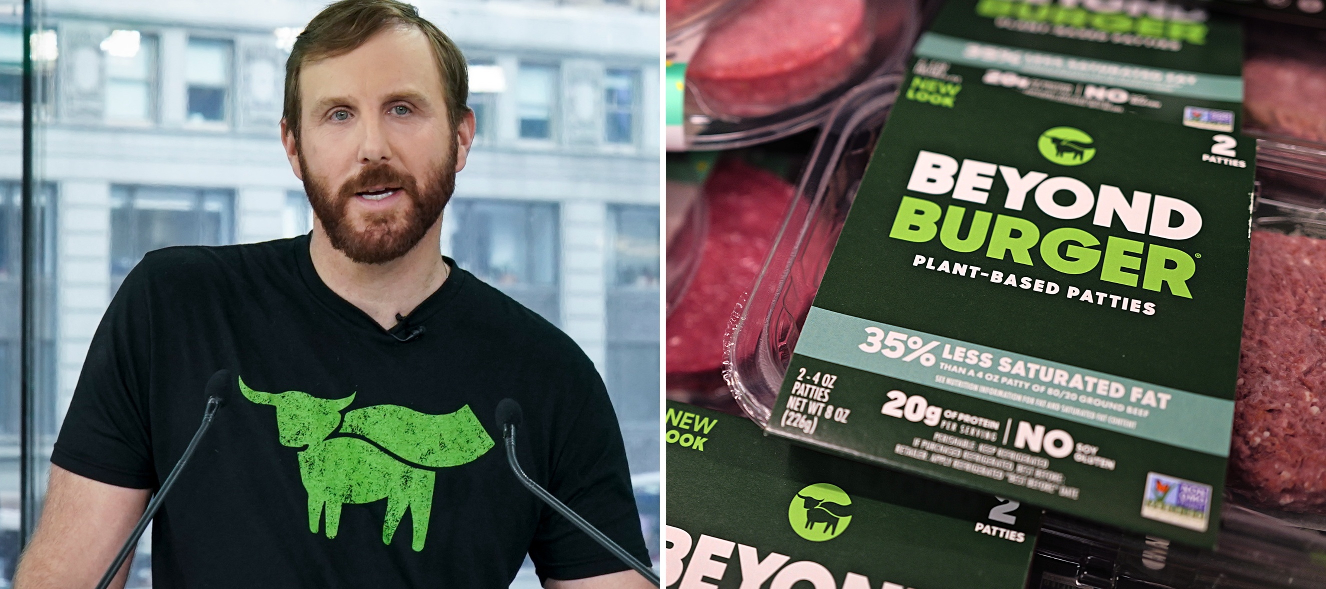 On the left, Ethan Brown speaks at podium, on the right a close up of beyond burger patties