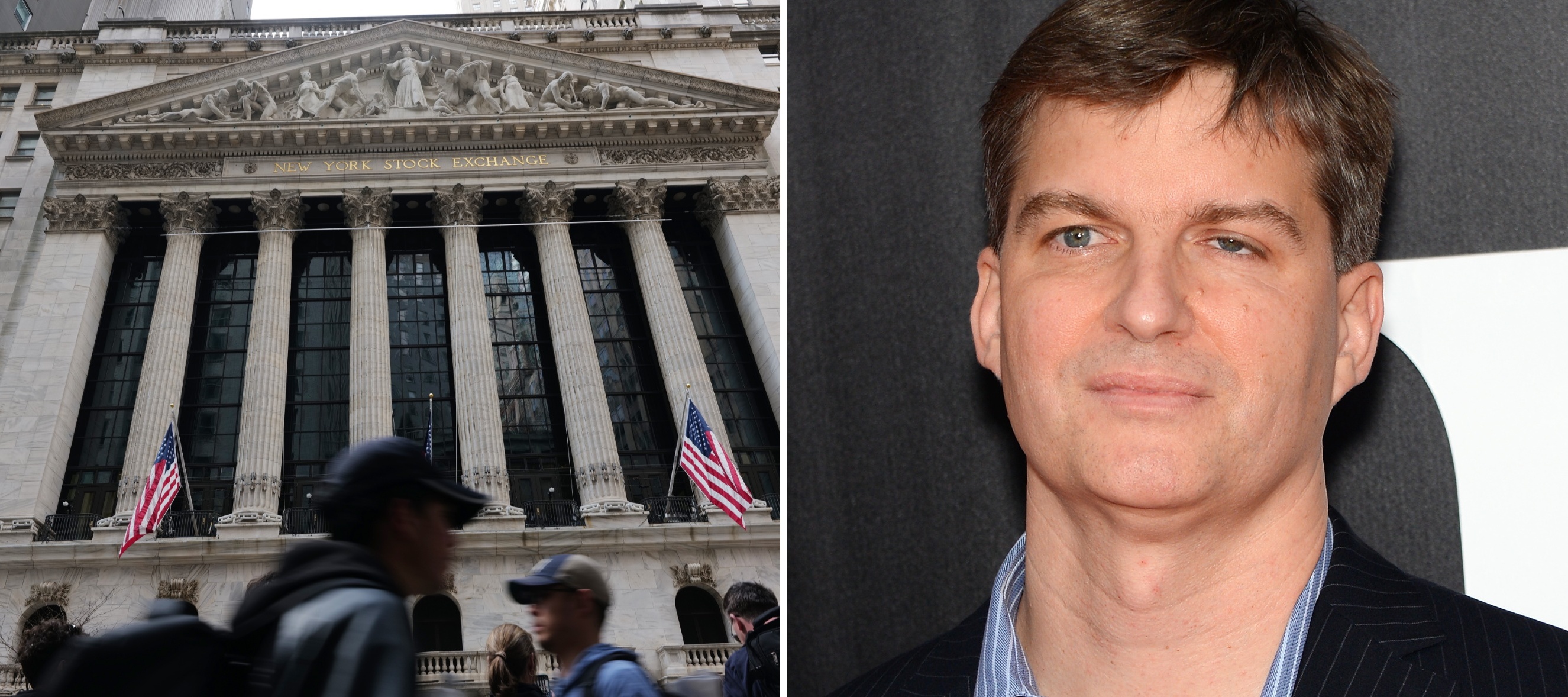 On the left people walk outside the NY stock exchange, on the right Michael Burry poses at film premiere
