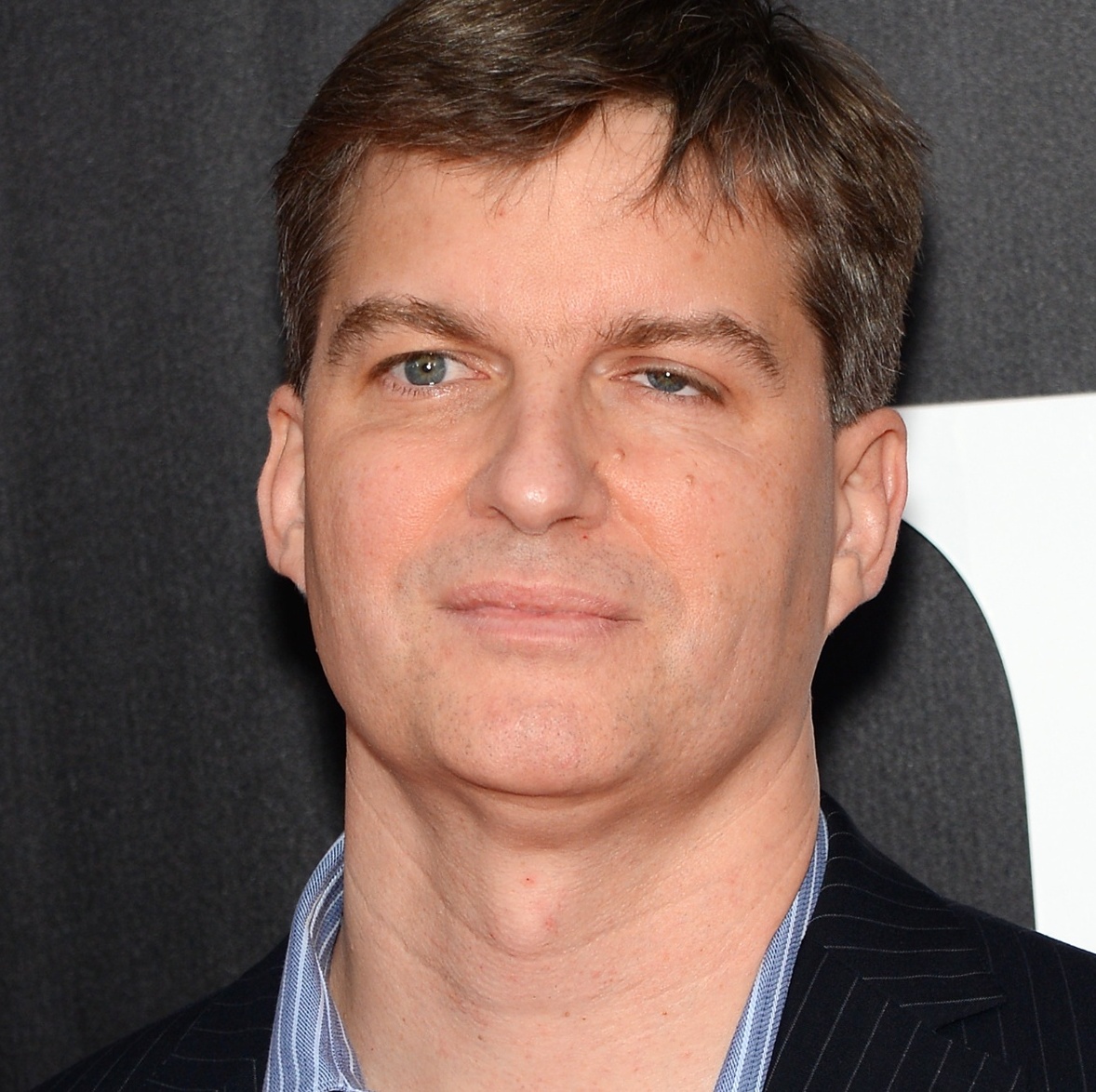 On the left people walk outside the NY stock exchange, on the right Michael Burry poses at film premiere