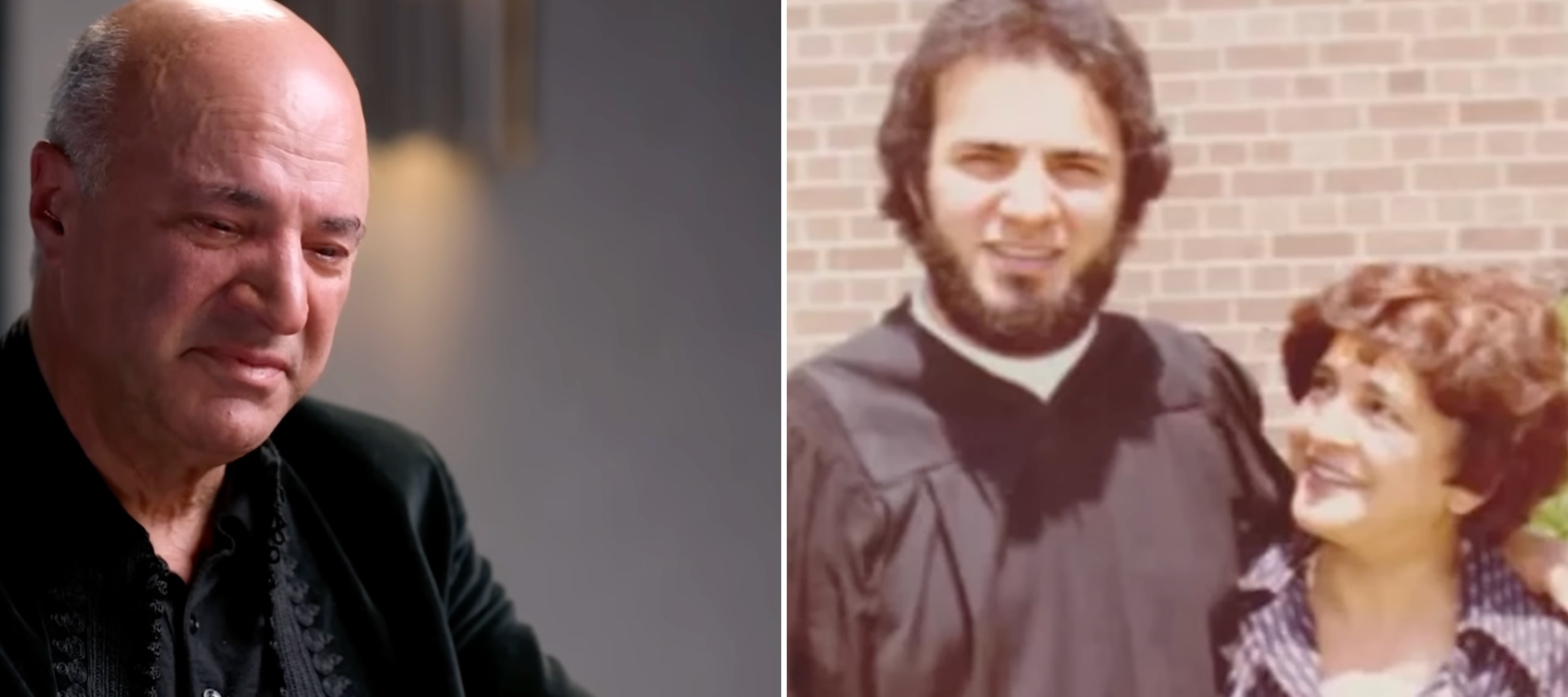 On the left, Kevin O'Leary tears up, on the right a young Kevin O'Leary poses with his mother