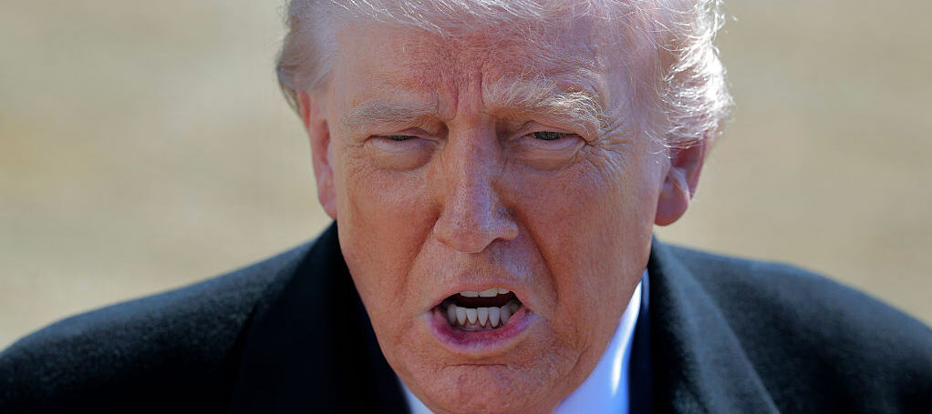 A photo of President Donald Trump talking to reporters