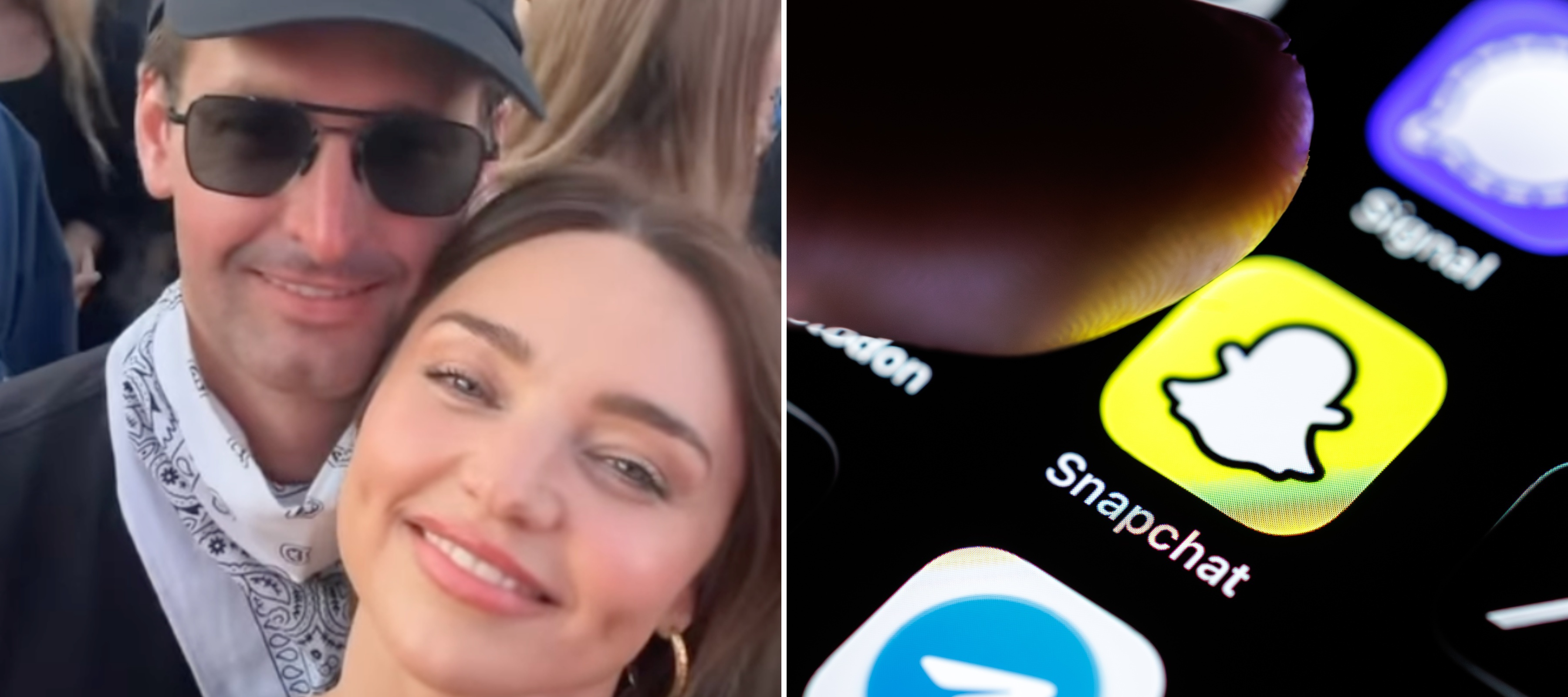 On the left, Evan Spiegl and Miranda Kerr enjoy Coachella, on the right a hand taps open the Snapchat app
