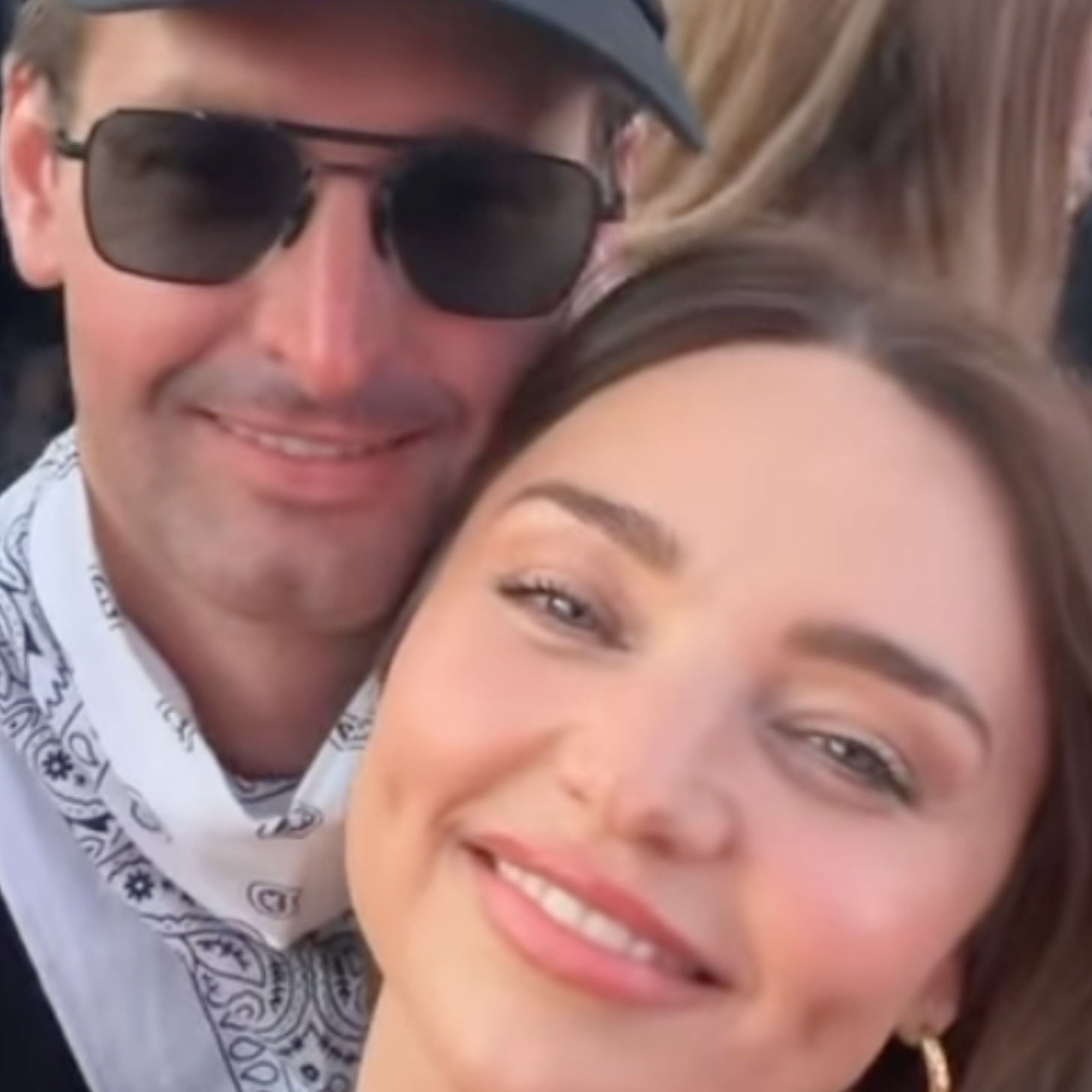 On the left, Evan Spiegl and Miranda Kerr enjoy Coachella, on the right a hand taps open the Snapchat app