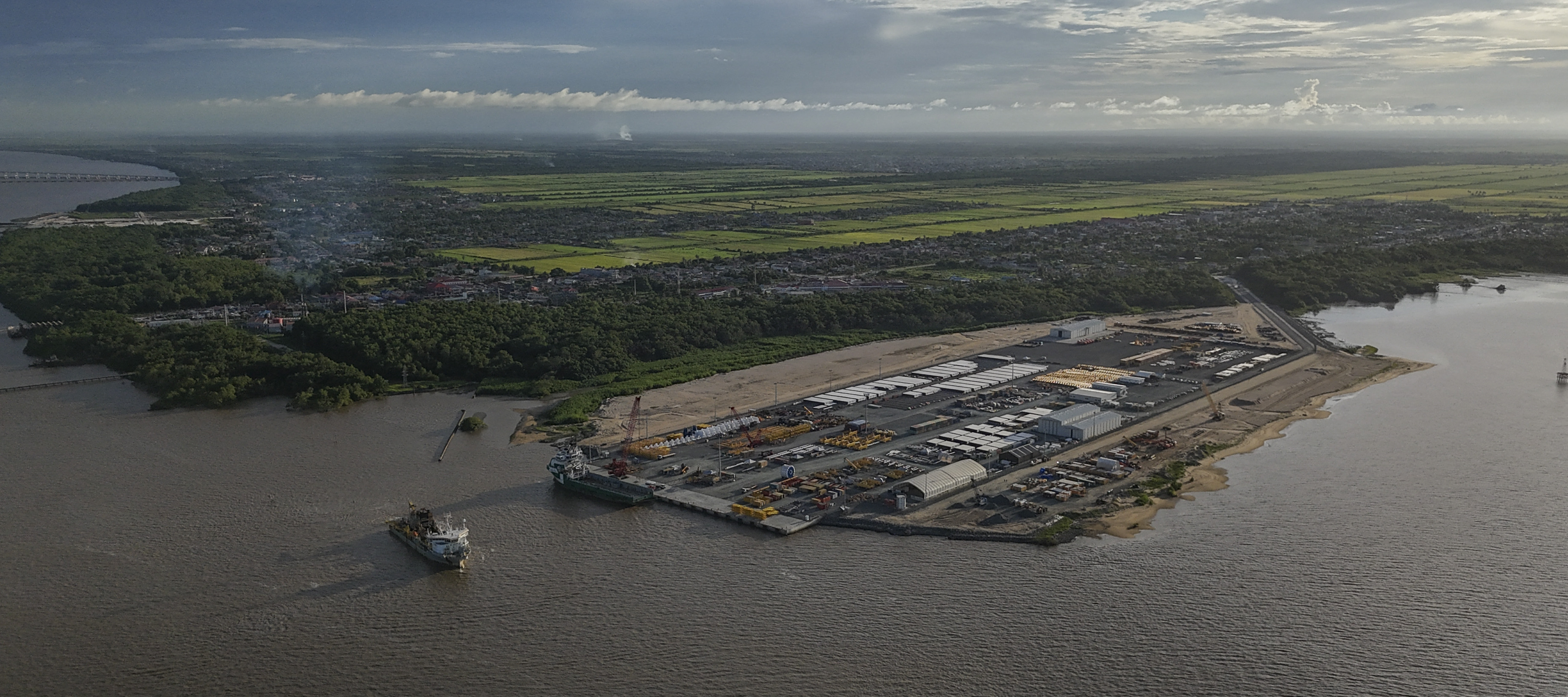 Aerial view of the the Guyana Shore Base Inc, an ExxonMobil's associate in oil discoveries, in Georgetown, Guyana.