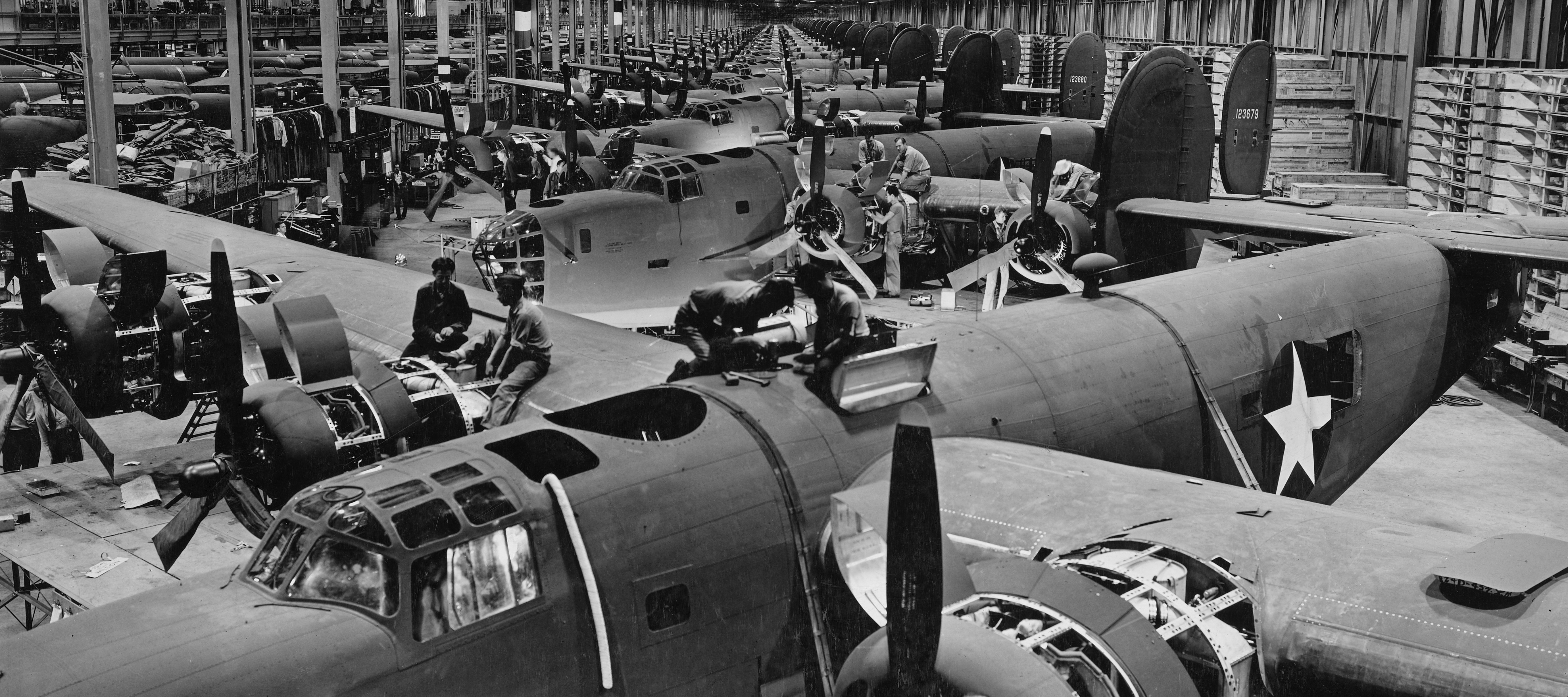 Fuselage and engine components were assembled at the Ford Motor Company Willow Run B-24 Liberty Bomber aircraft assembly plant, circa December 1942.