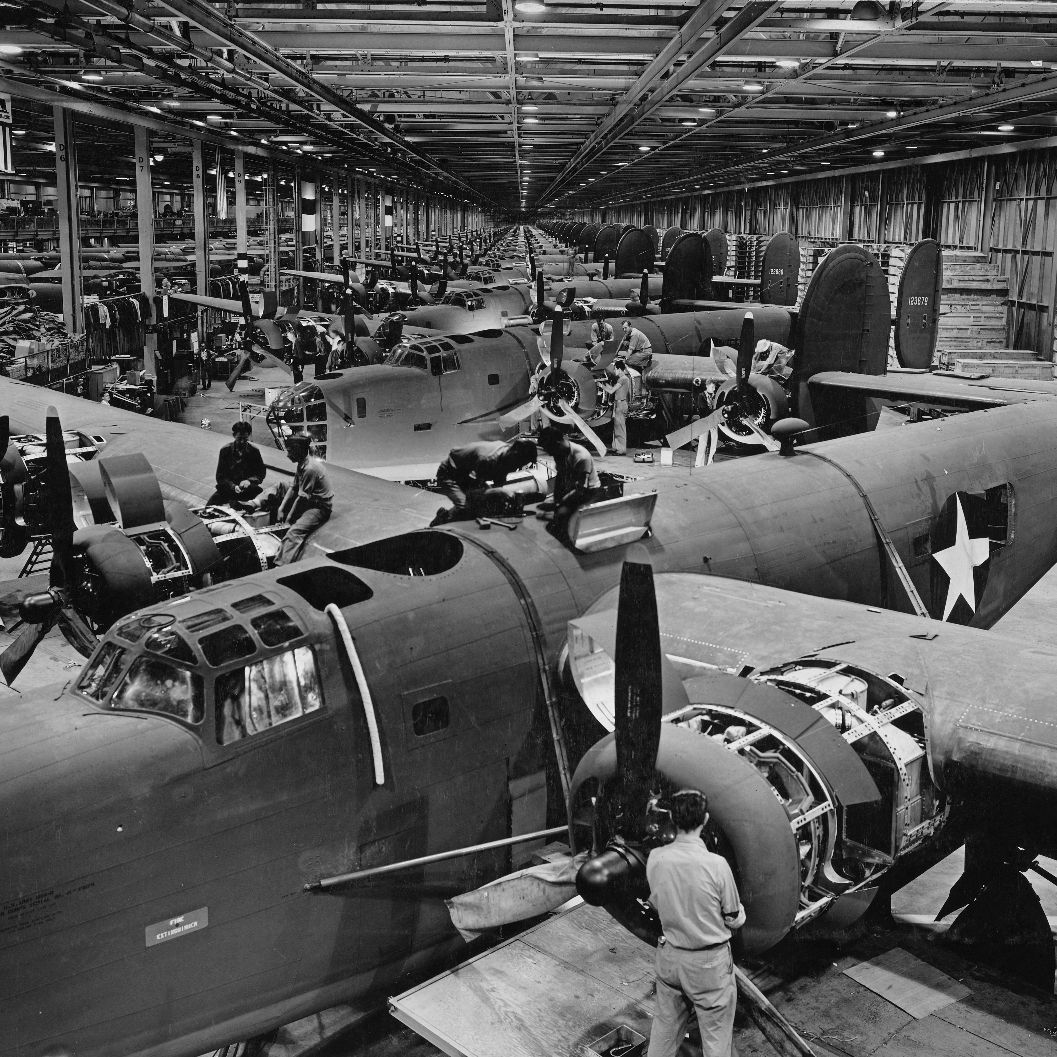 Fuselage and engine components were assembled at the Ford Motor Company Willow Run B-24 Liberty Bomber aircraft assembly plant, circa December 1942.