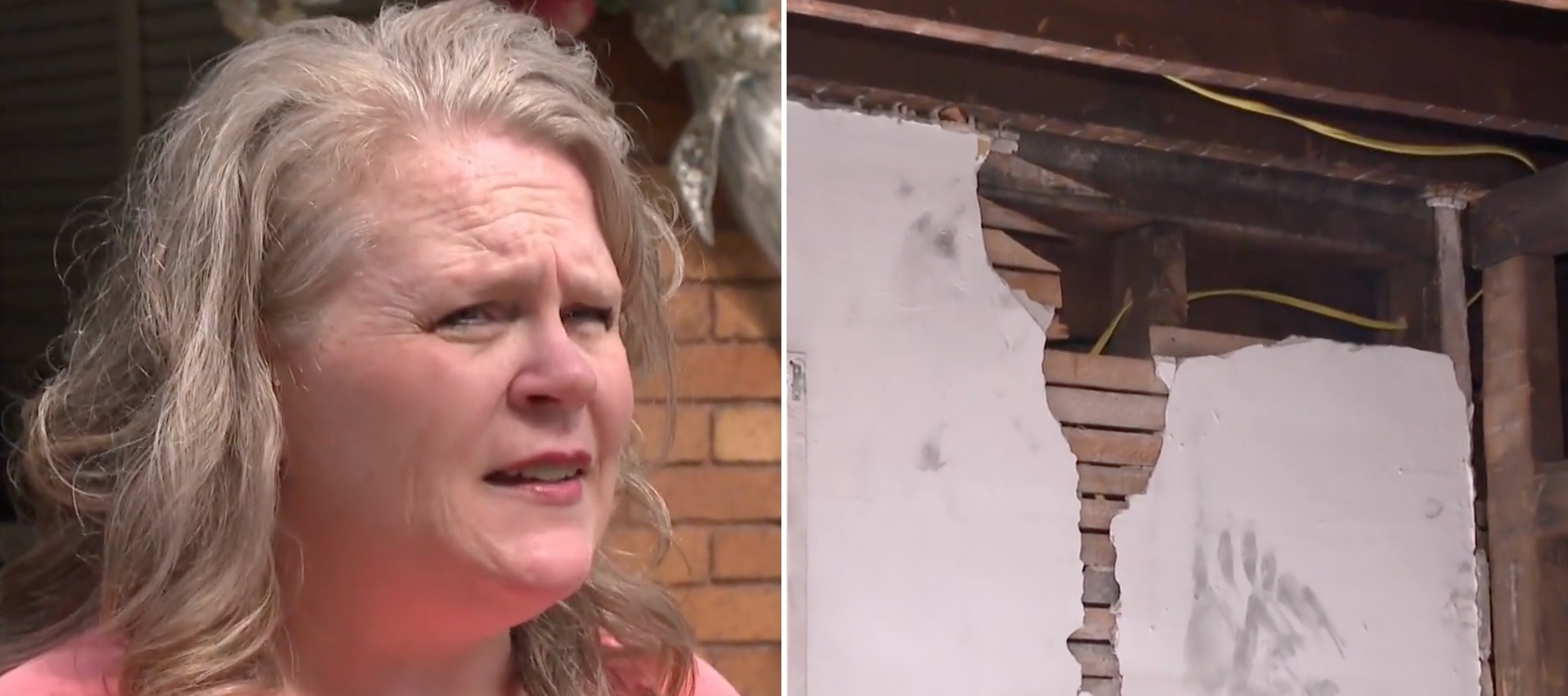 Camie Hubbard discussed home damage with CBS, damage to walls is displayed on the right