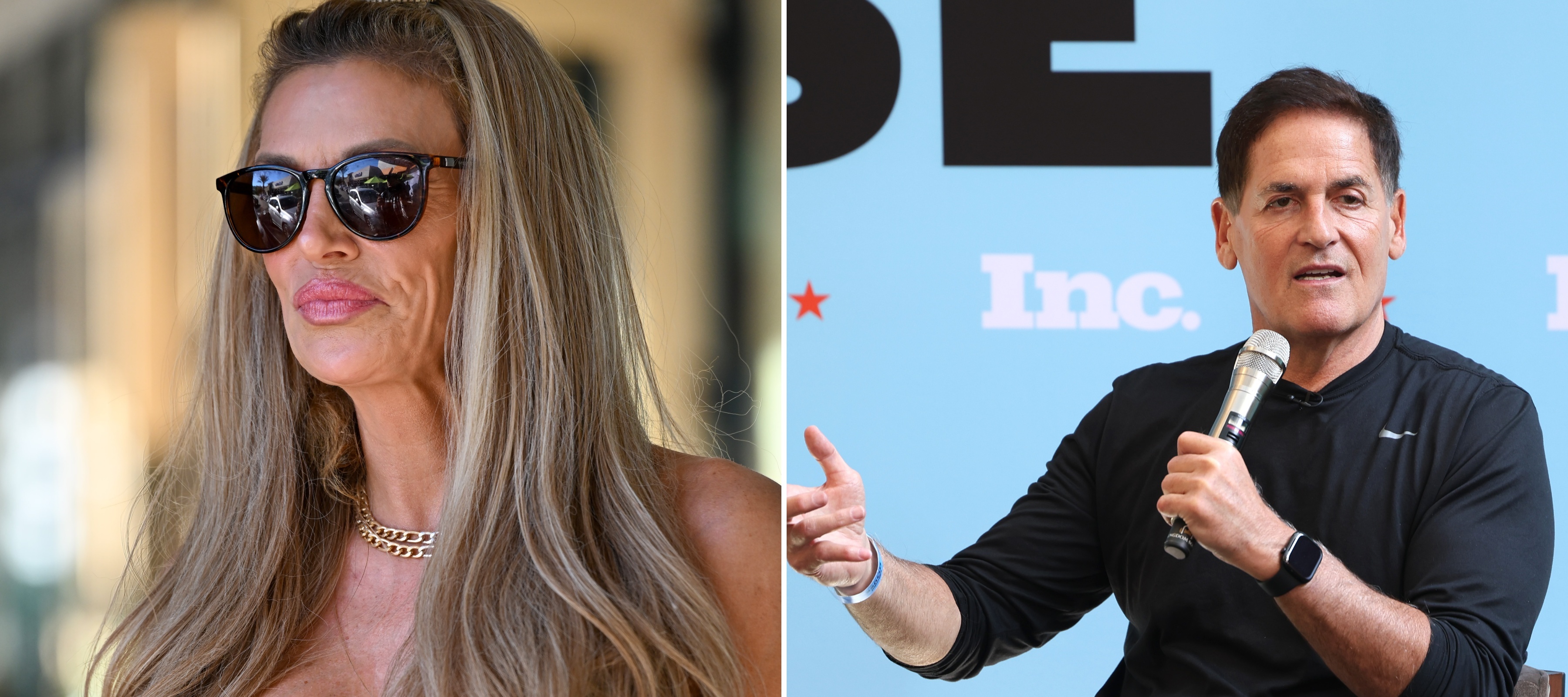 On the left Brandi Glanville walks outside in sunglasses, on the right Mark Cuban speaks into microphone at an event