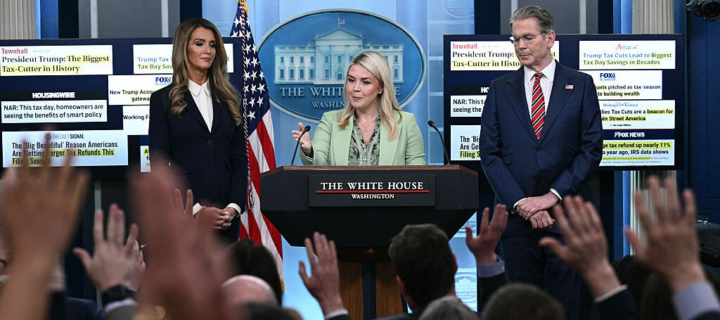White House Press Secretary Karoline Leavitt speaks during a press briefing with US Treasury Secretary Scott Bessent and Administrator of the Small Business Administration Kelly Loeffler.