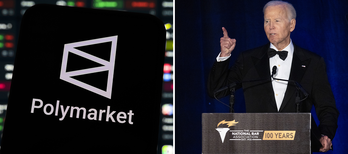 The logo for Polymarket is paired with a photo of former president Joe Biden.