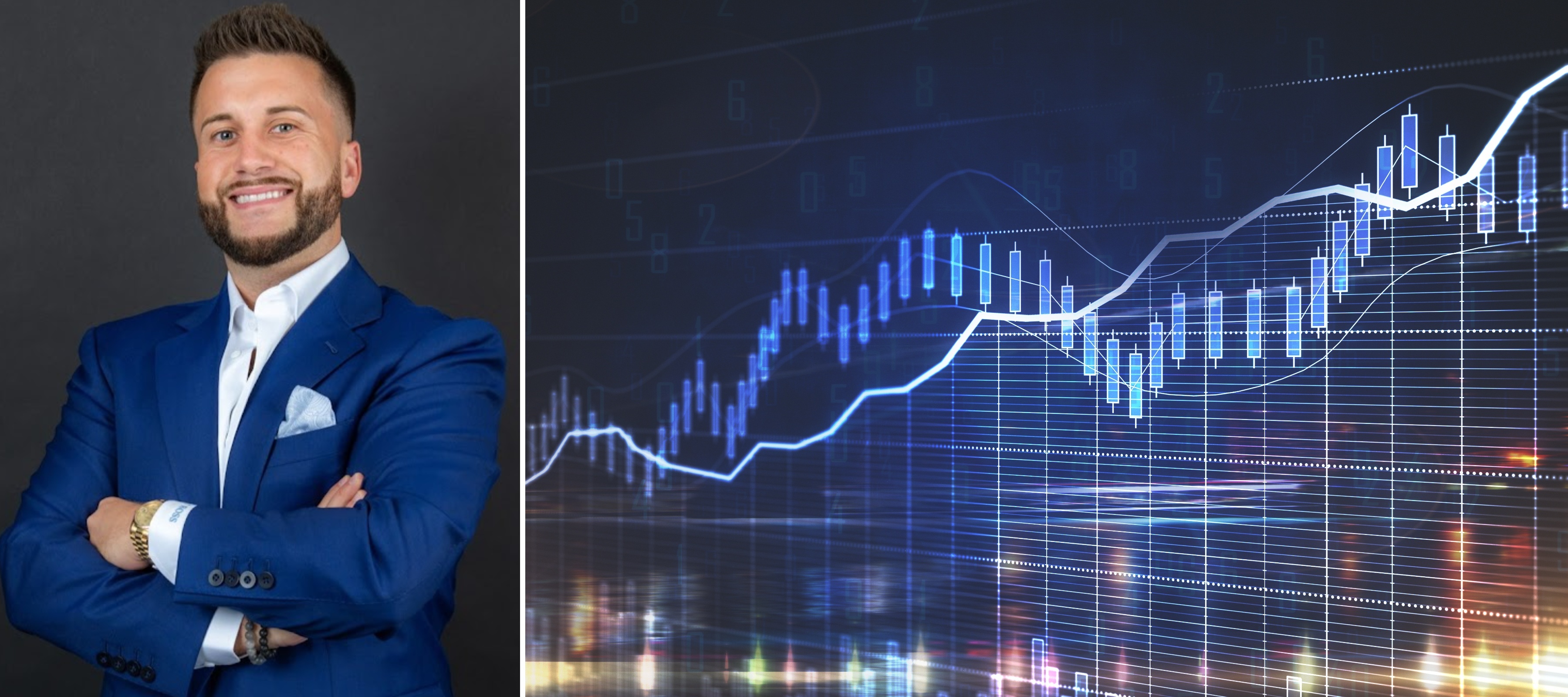 A photo of "finfluencer" Tyler Bossetti next to an abstract real estate investing image