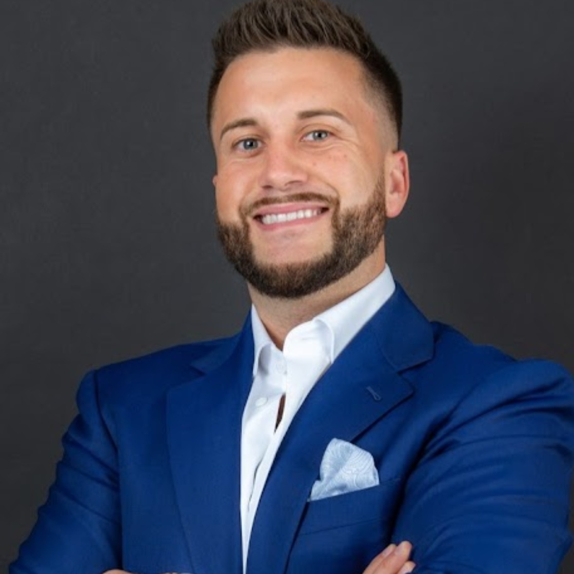 A photo of "finfluencer" Tyler Bossetti next to an abstract real estate investing image