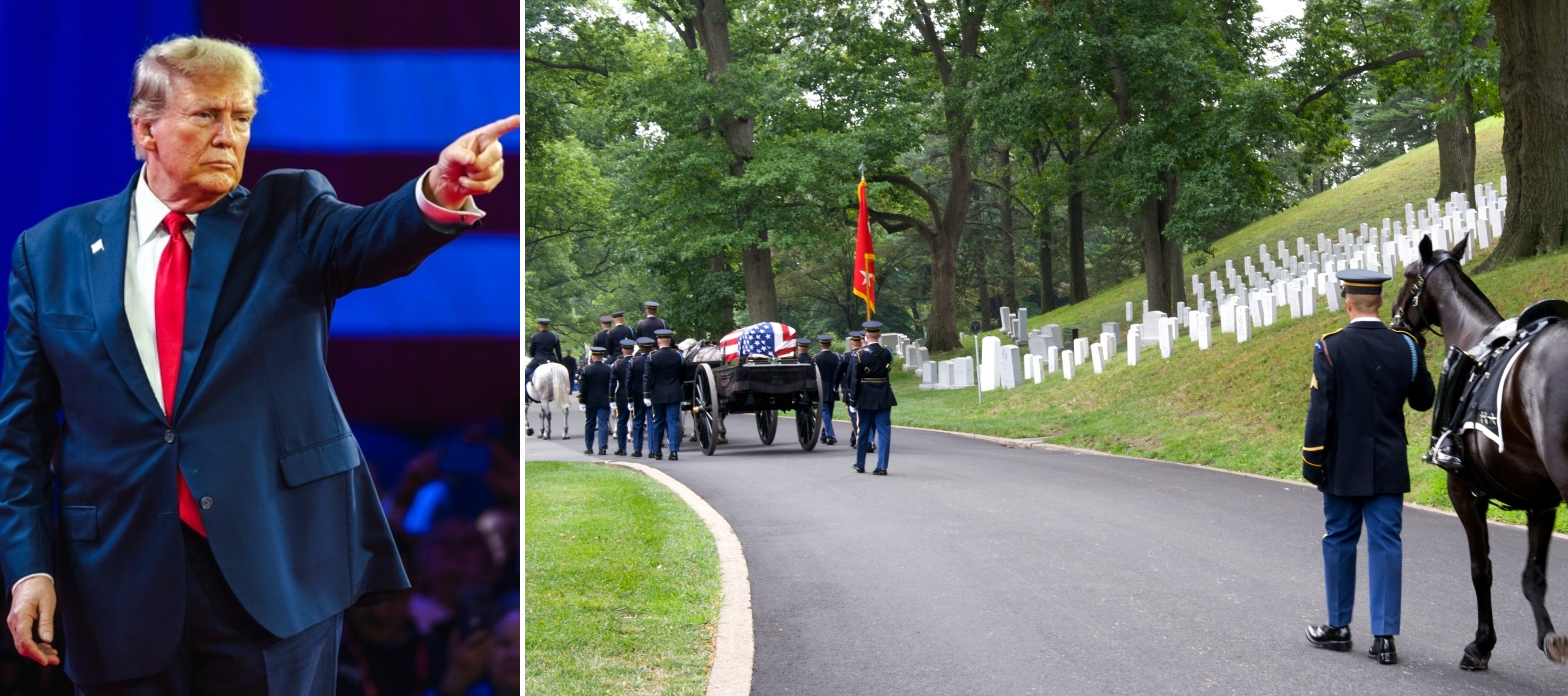 A phot of Donald Trump next to a photo of a funeral at Arlington National Cemetery