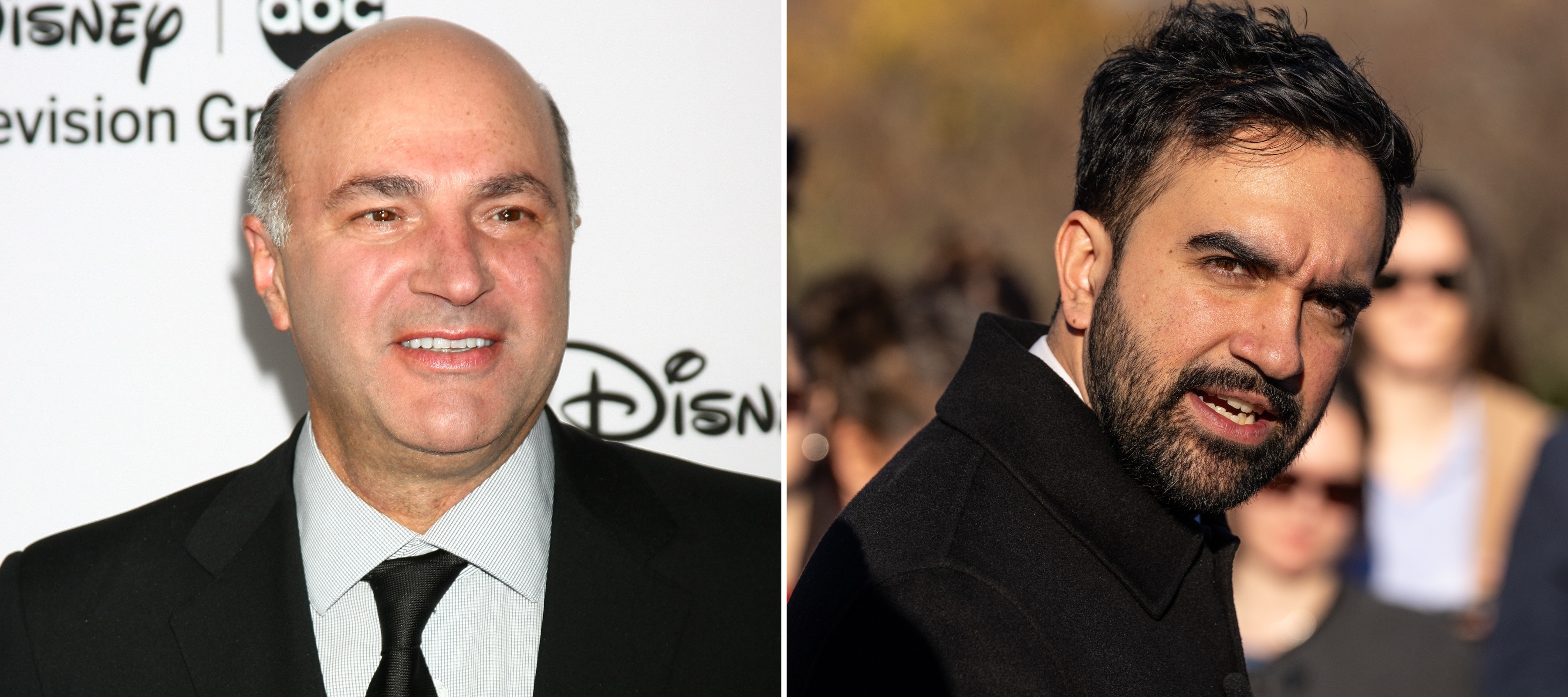 Split screen image of Kevin O'Leary talking, Zohran Mamdani turning over his shoulder scowling.