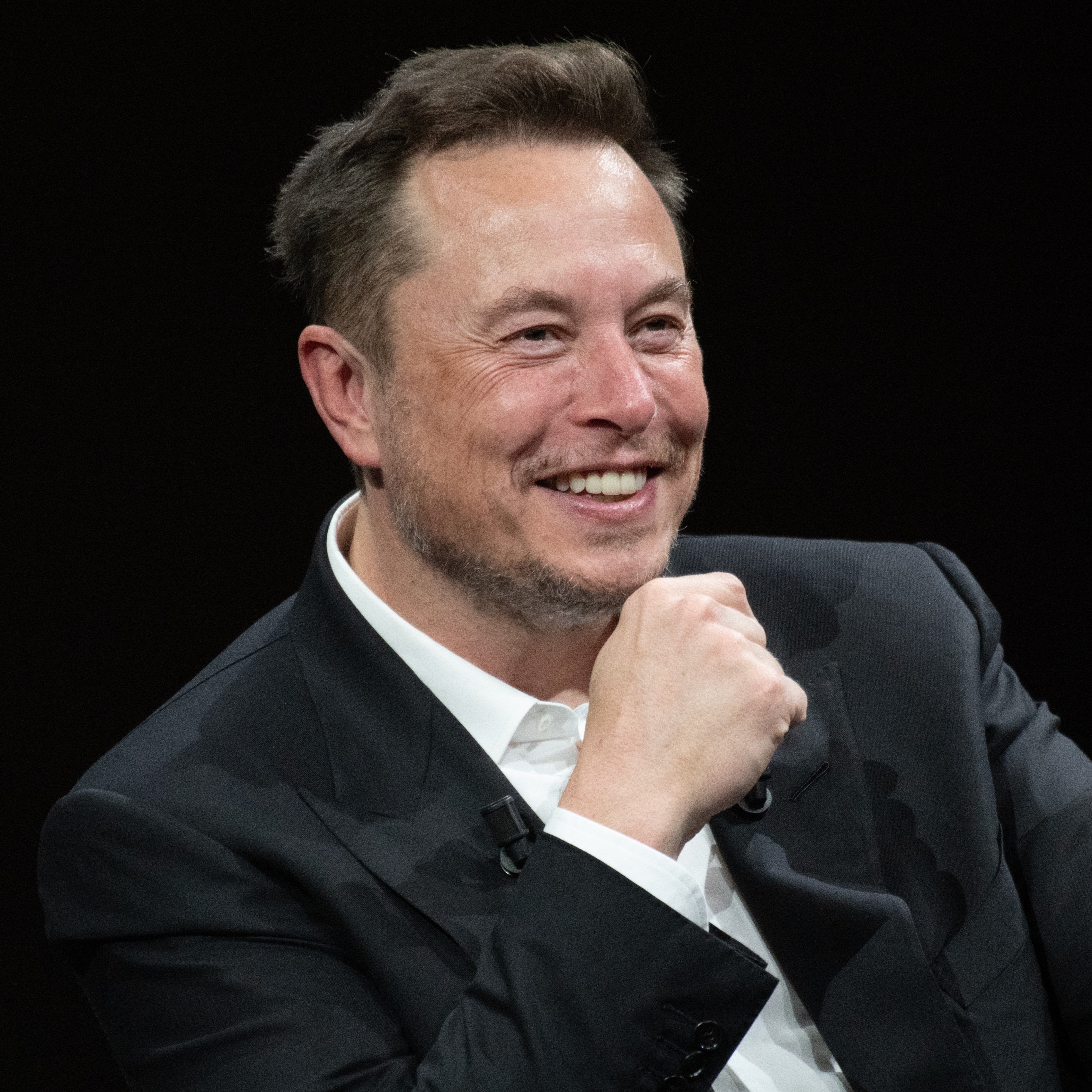 A close up of Elon Musk smiling broadly with a fist resting on his chin while he speaks on stage.