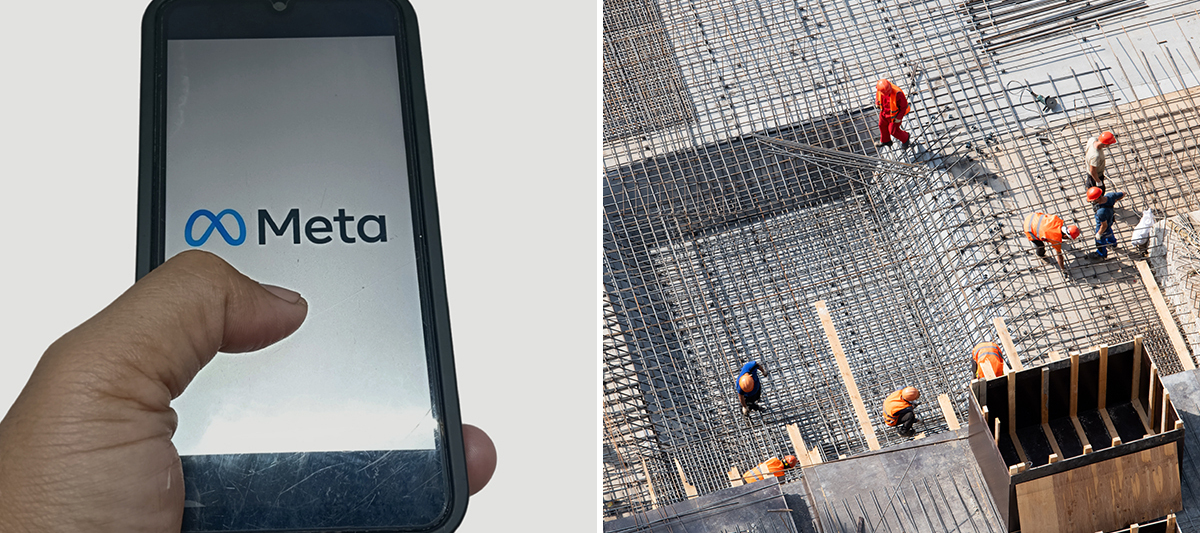 The Meta logo in one photo. A construction crew ties conduits to rebar in the other photo.
