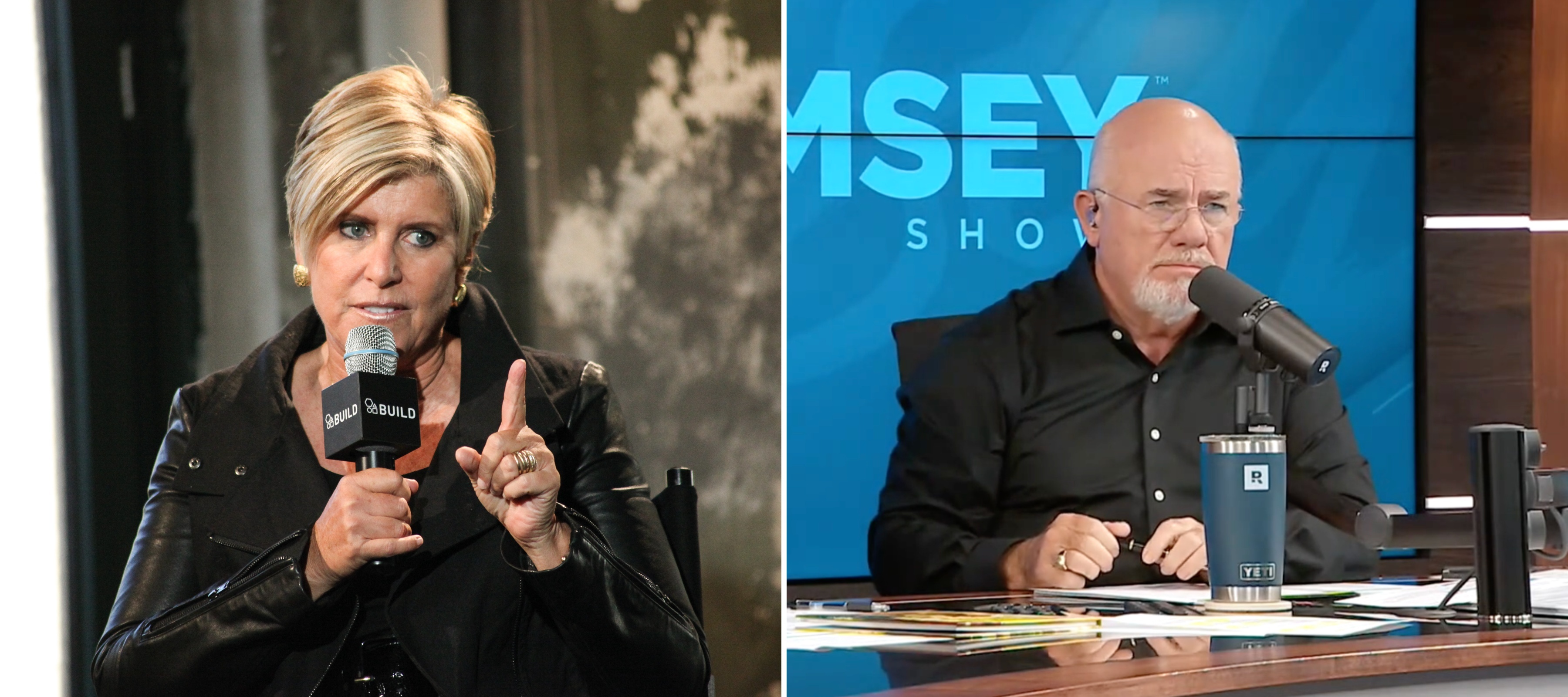 On the left Suze Orman speaks into a microphone, on the right Dave Ramsey answers a call on his show