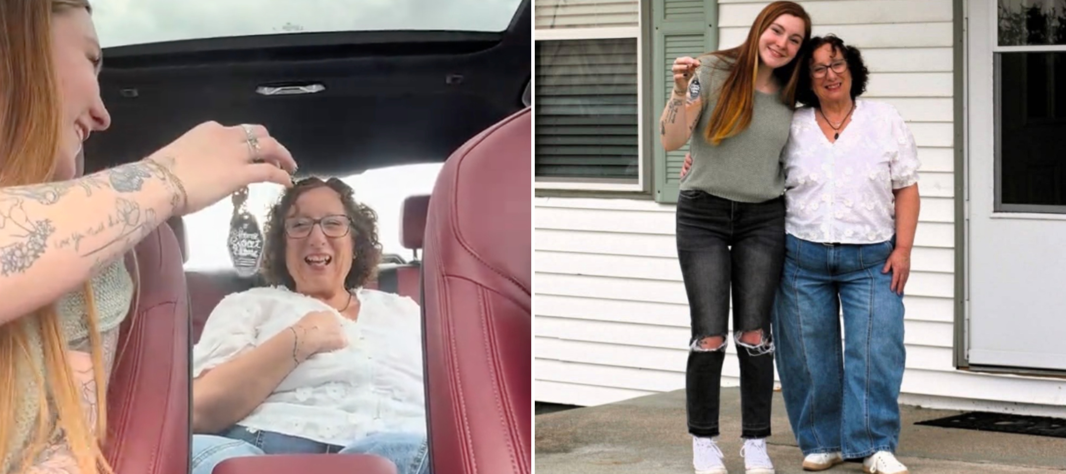 A split-image photo of a girl showing her grandmother house keys and the girl and her grandmother standing in front of the house