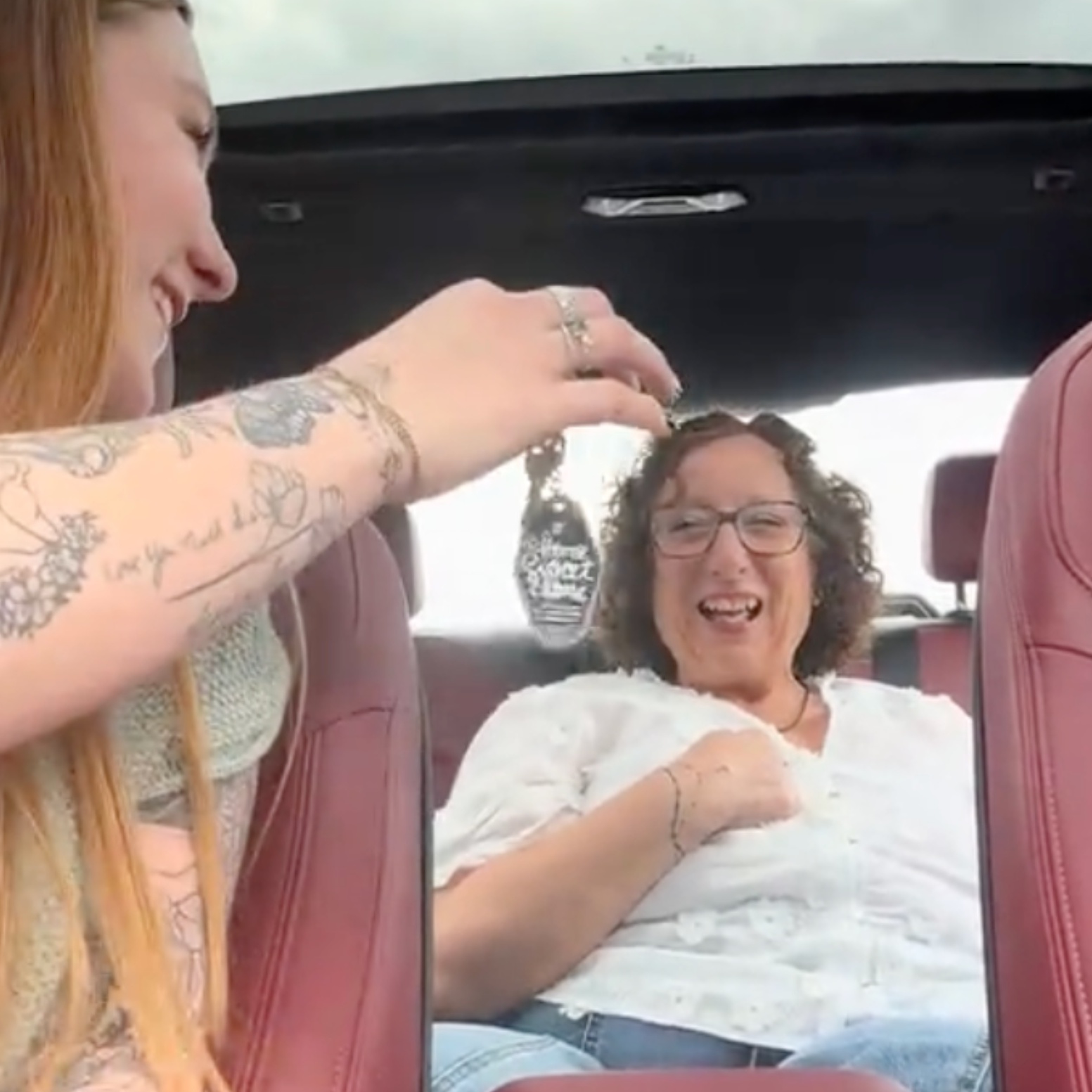 A split-image photo of a girl showing her grandmother house keys and the girl and her grandmother standing in front of the house