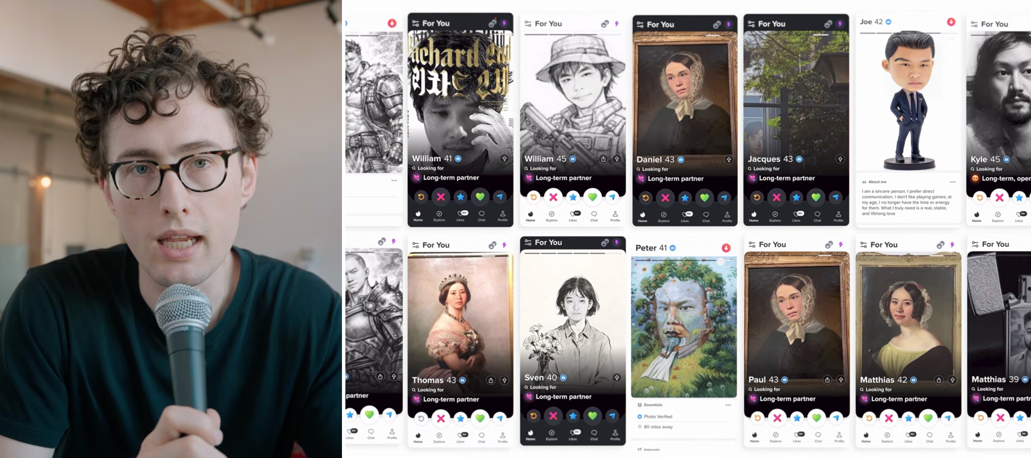 A split-panel photo of YouTuber @christophe and collage of AI-generated Tinder profile photos