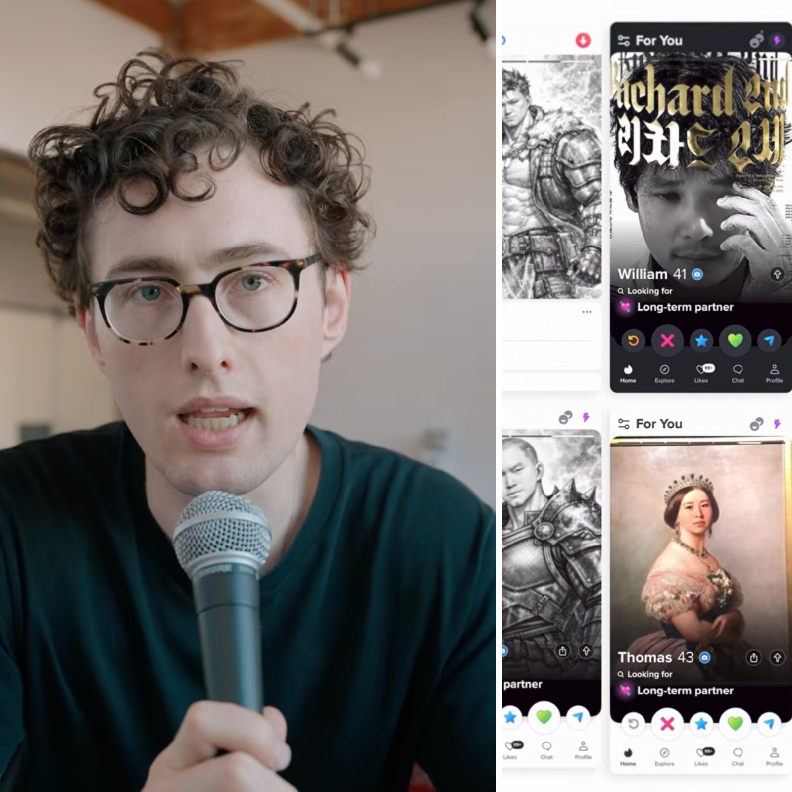 A split-panel photo of YouTuber @christophe and collage of AI-generated Tinder profile photos