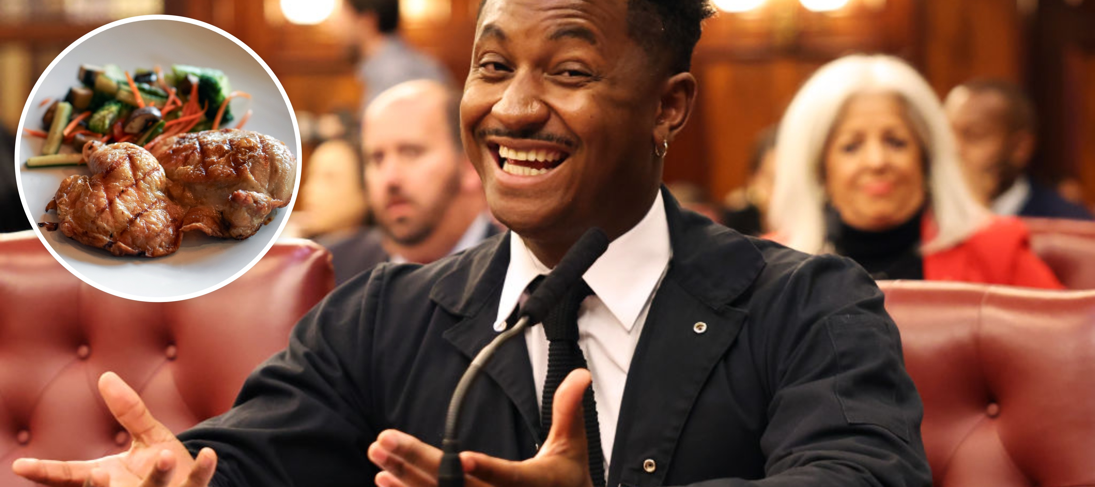 A photo of NYC council member Chi Ossé and a grilled chicken dinner overlay