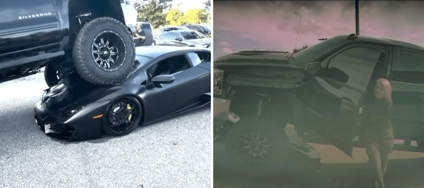 Woman rushes out to check damage to Lambo.