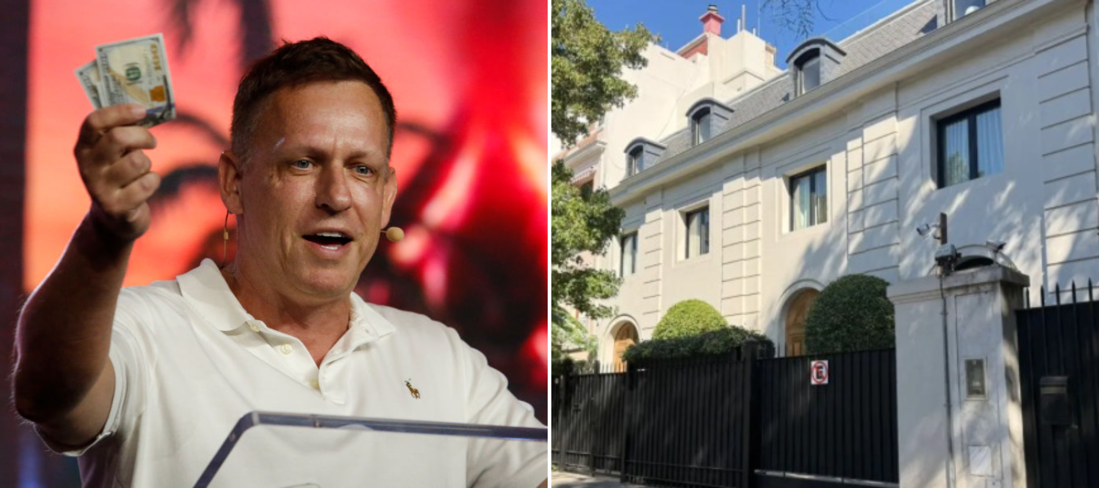 A split-image photo of Peter Thiel and his $12M Buenos Aires mansion