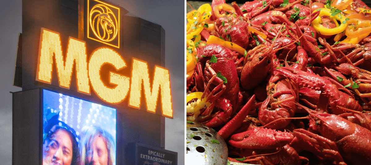 MGM Grand sign, alongside some lobster at a buffet.