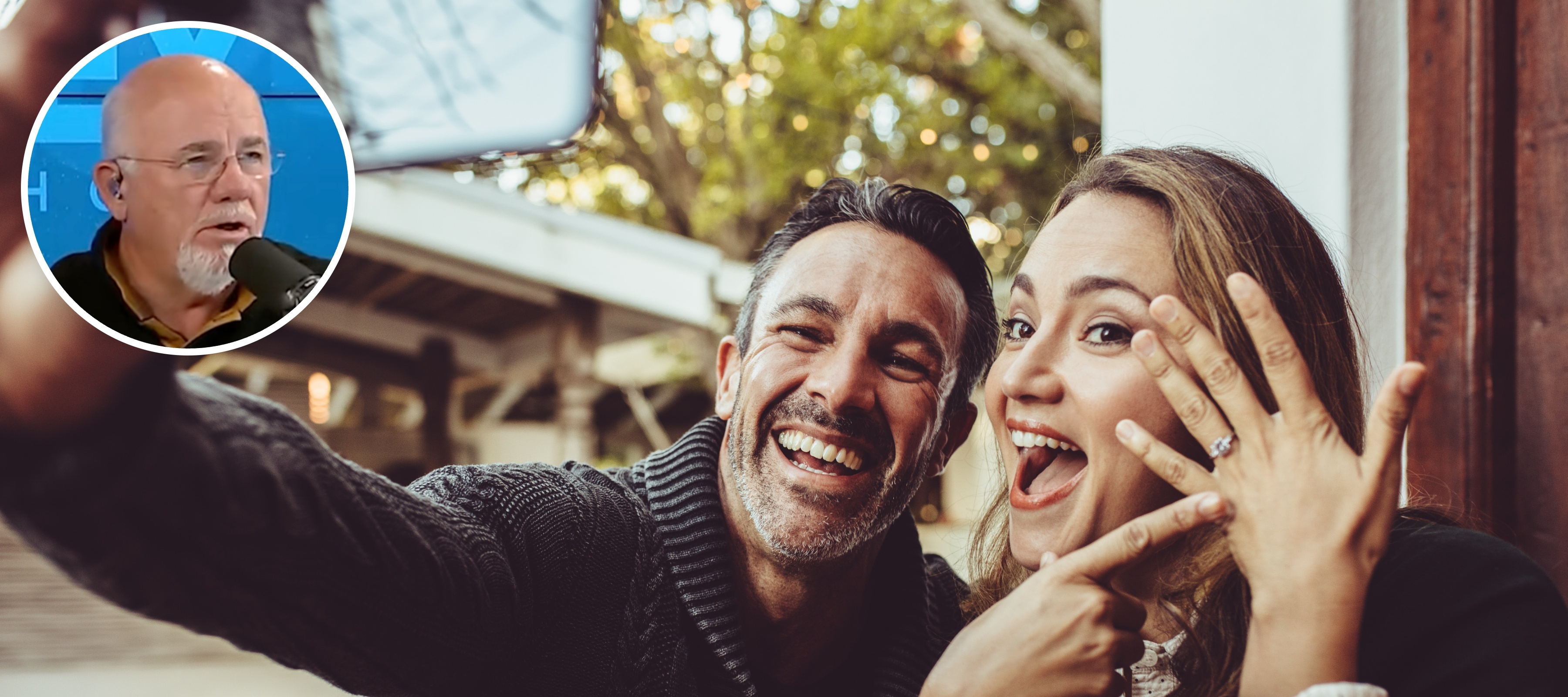 A couple show off a new engagement ring.
