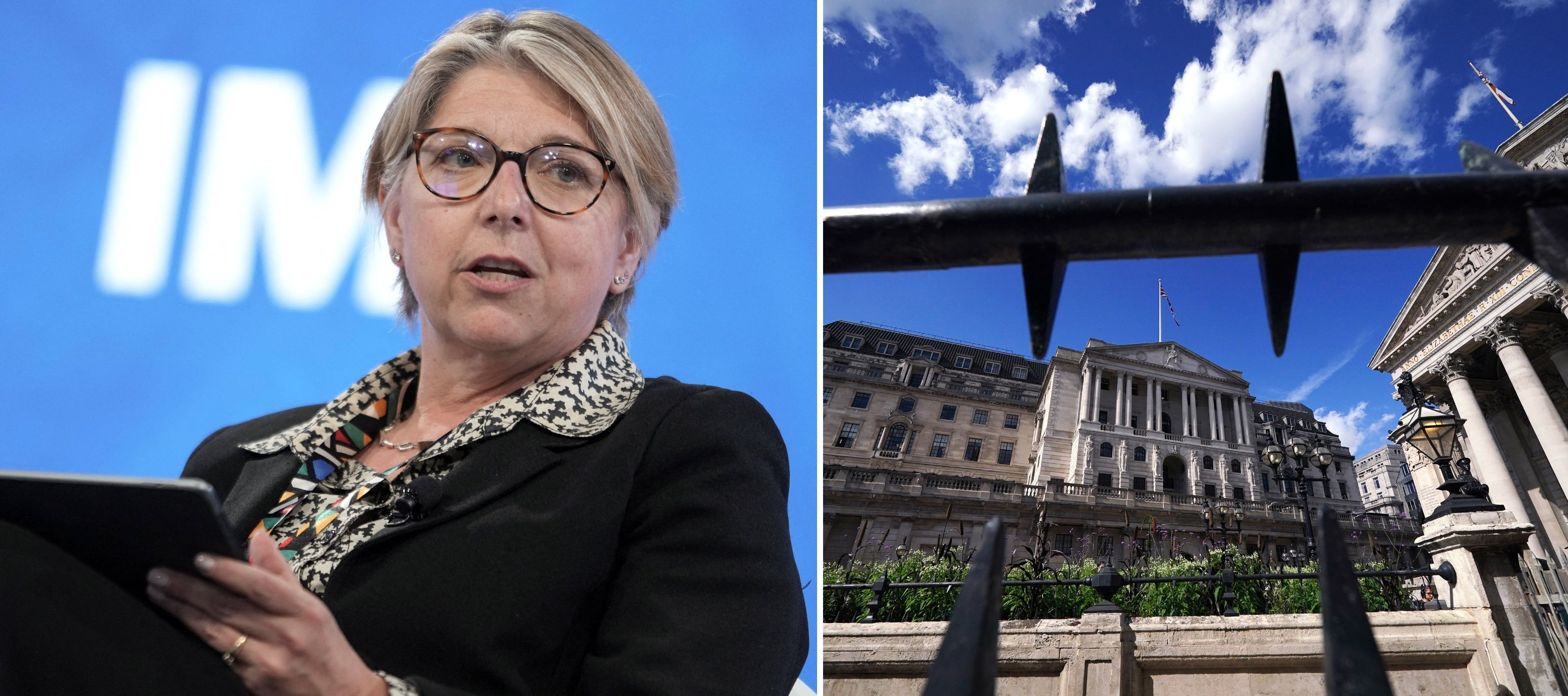 A compilation image of head of financial stability for the Bank of England and the bank's London location.