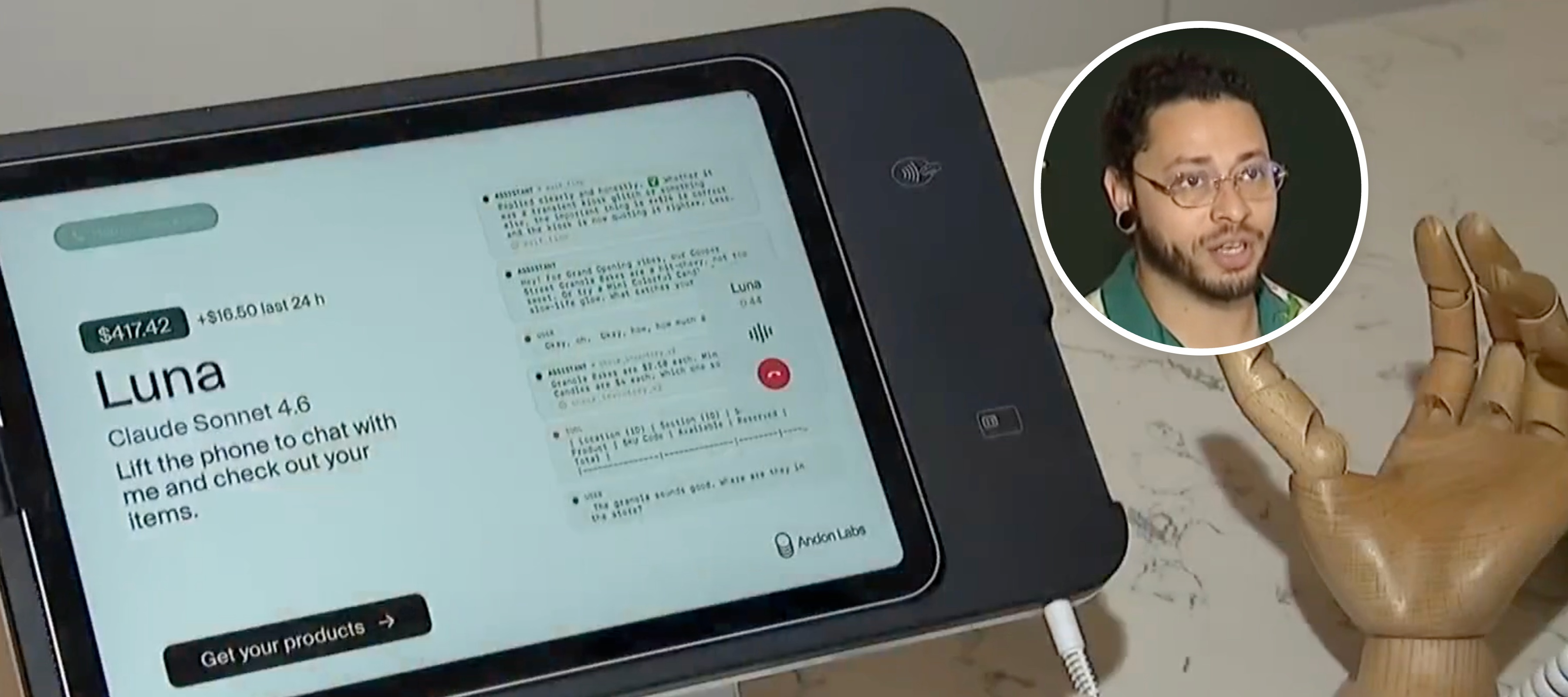 The interface for Luna, the AI bot that runs a boutique in San Francisco, and its human employee Felix Johnson.