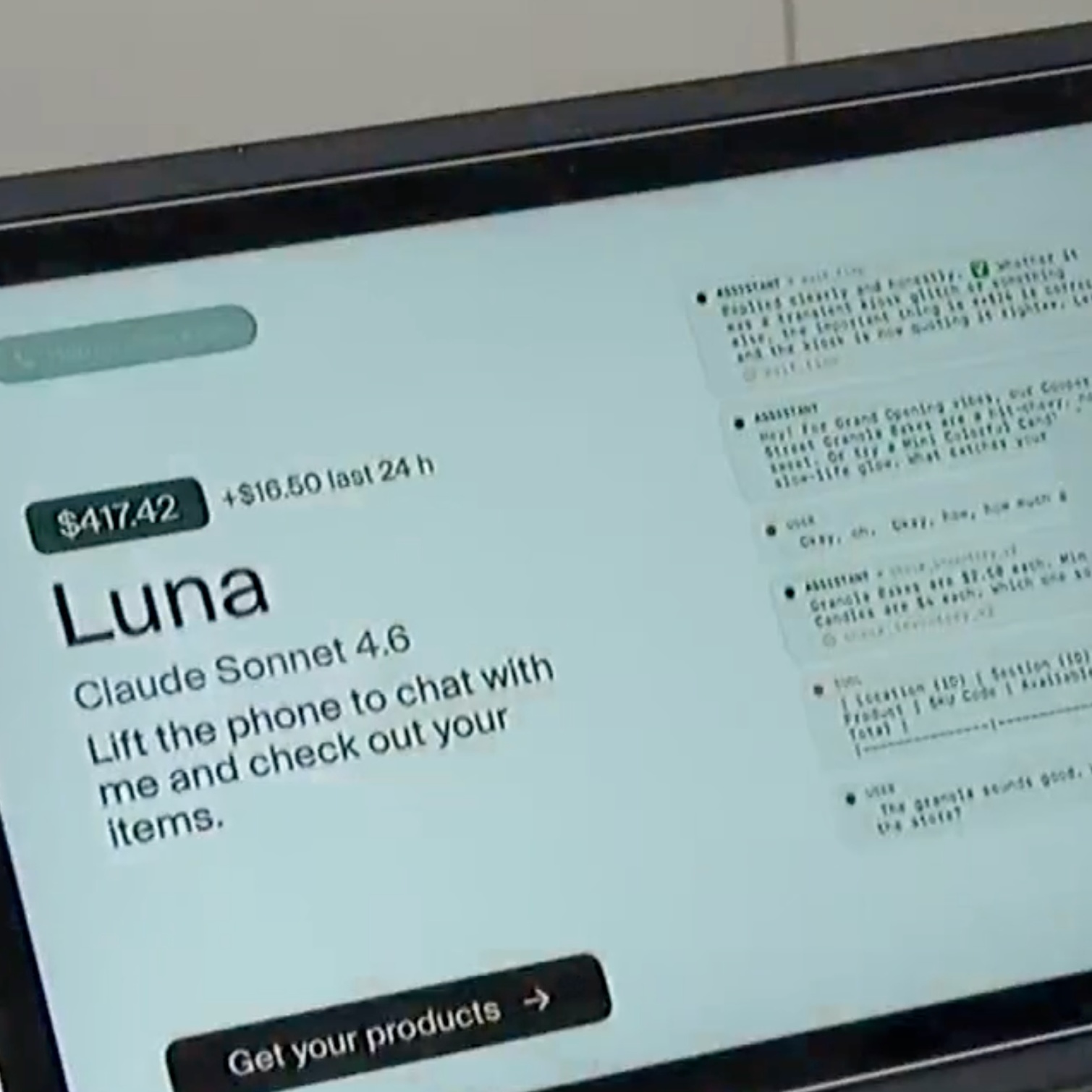 The interface for Luna, the AI bot that runs a boutique in San Francisco, and its human employee Felix Johnson.