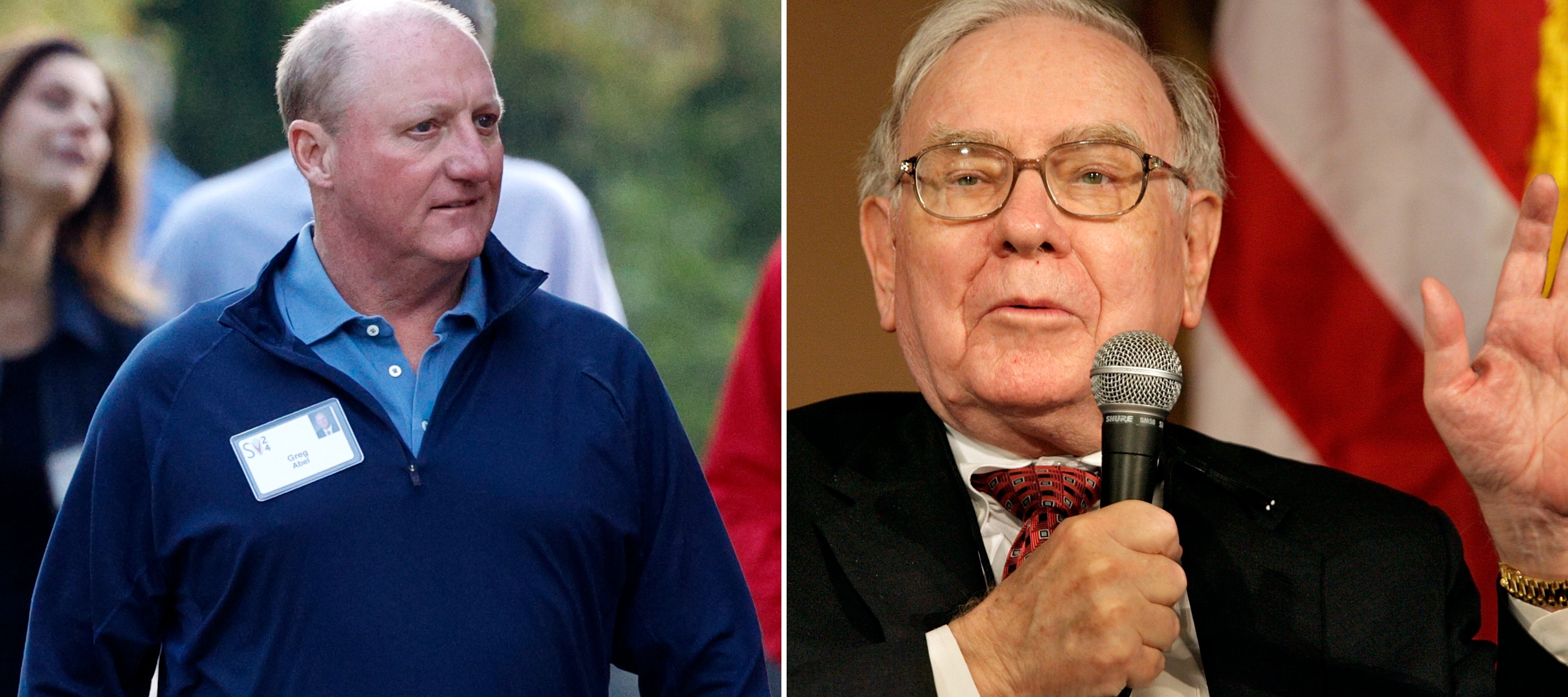 On the left Greg Abel is walking outside, on the right Warren Buffet speaks into a microphone