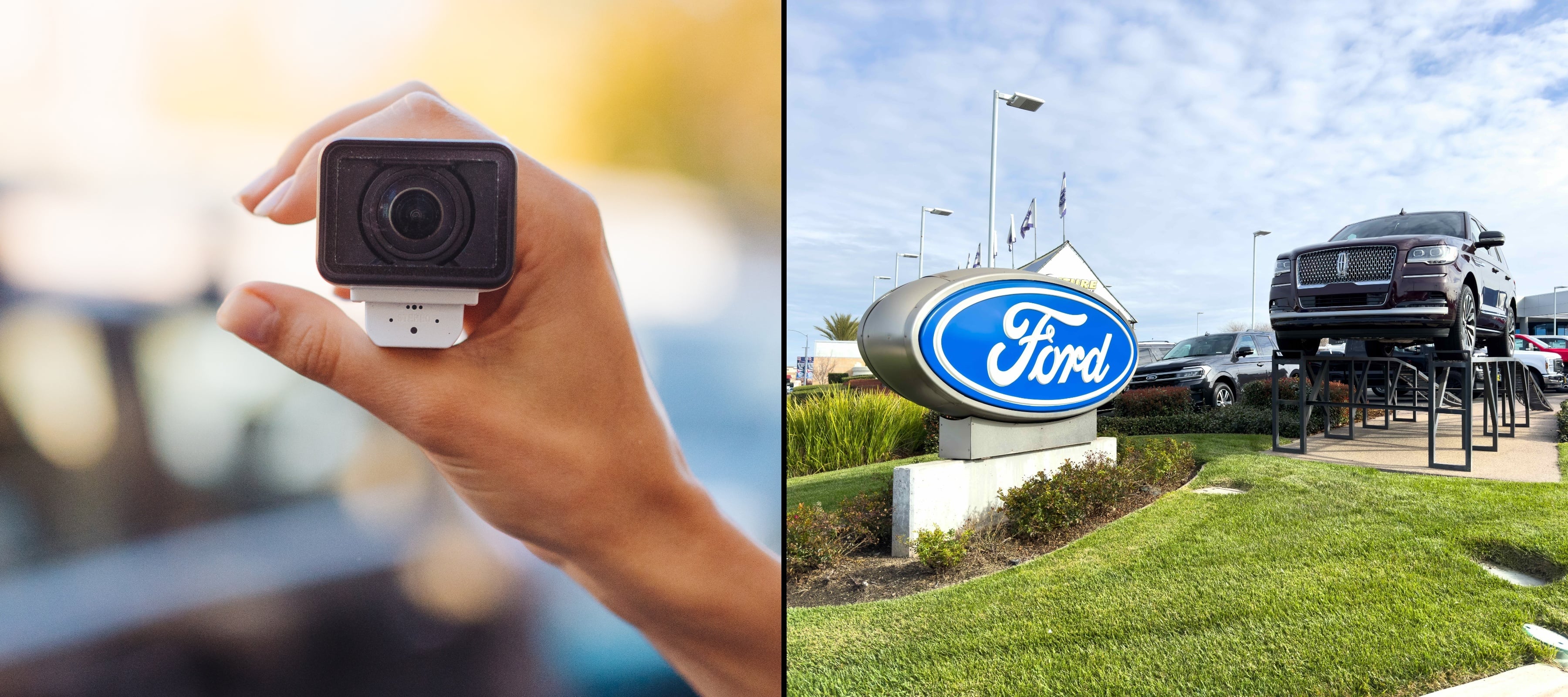 On the left is a hand holding a surveillance camera, on the right is a Ford dealership