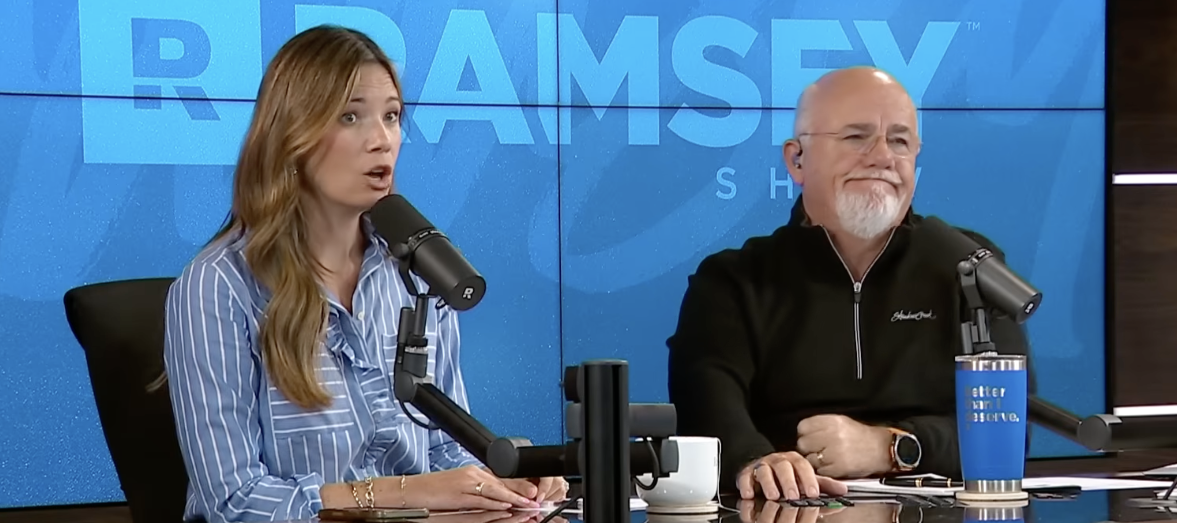 Rachel Cruze and Dave Ramsey react with surprise and unease after hearing a caller's story about her overly frugal fiance.