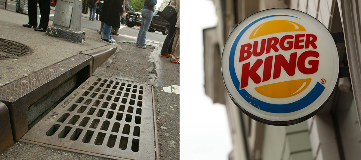 A shot of a New York sewer grill beside a shot of the Burger King logo.