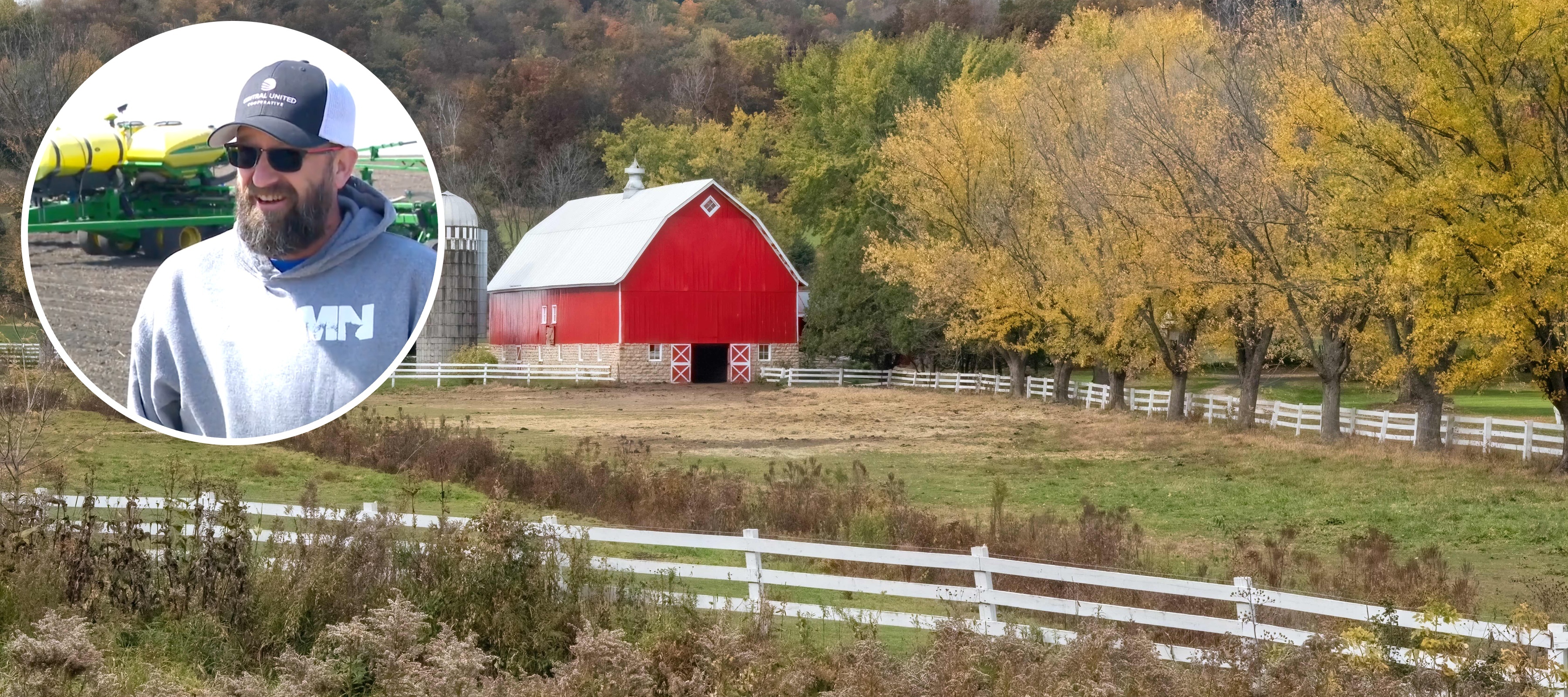 On the top left Ryan Mackenthun speaks to CBS. The background is a red barn in Minnesota