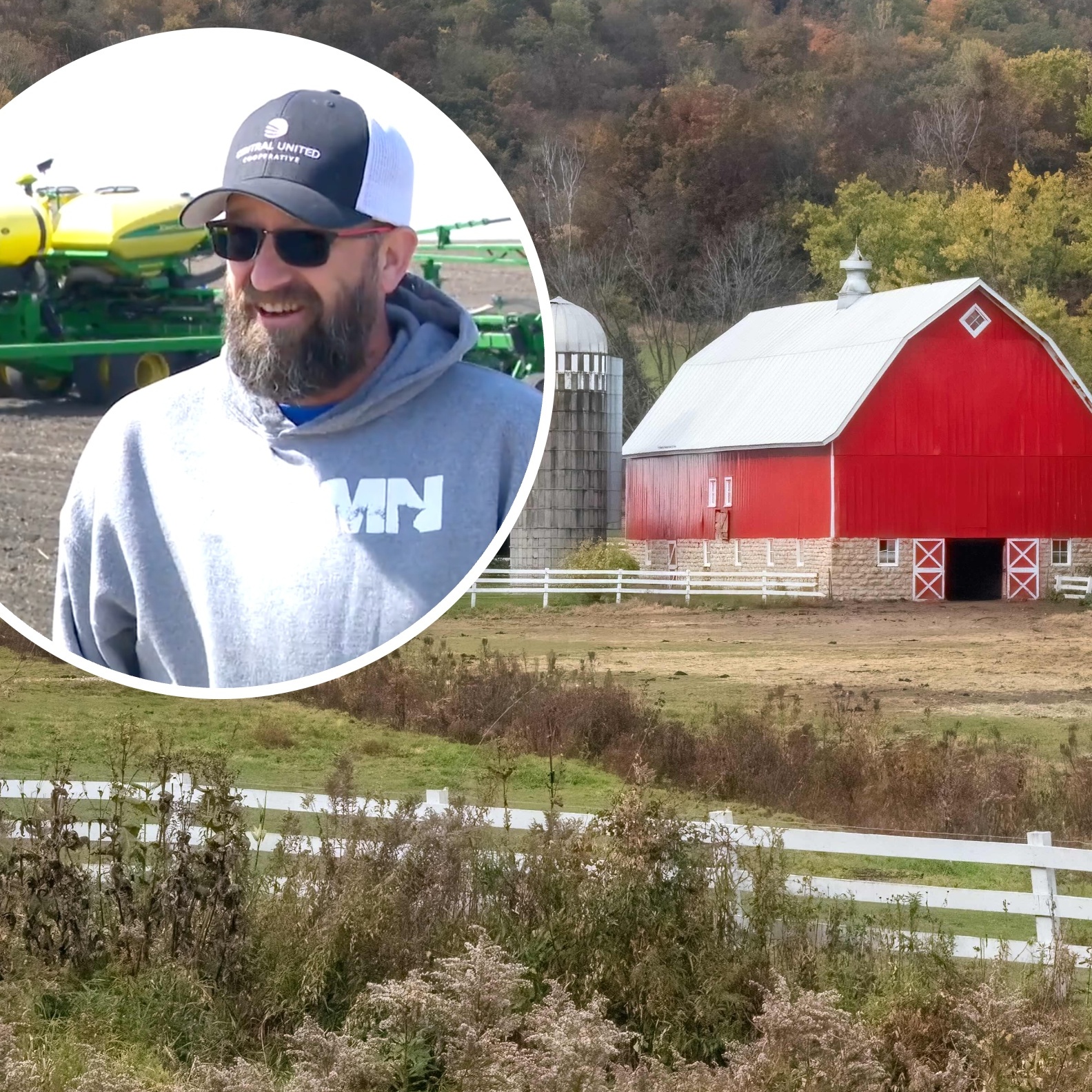 On the top left Ryan Mackenthun speaks to CBS. The background is a red barn in Minnesota
