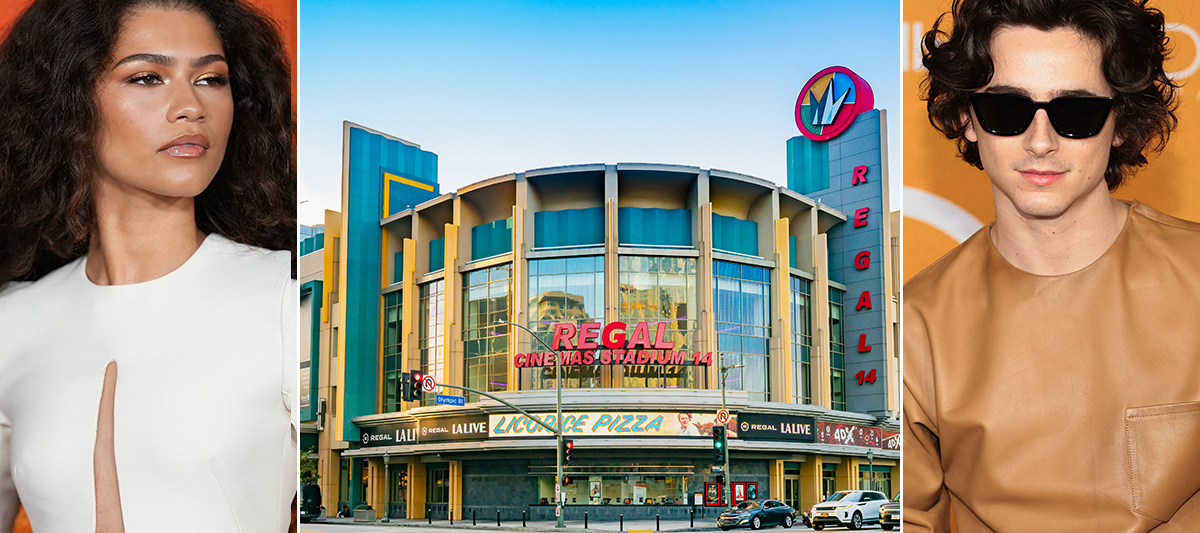 A central photo of Regal Cinema's flaghip theater in L.A. flanked Dune actors Zendaya and Timothy Chalamet.