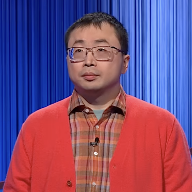 Thirty-one game Jeopardy winner Jamie Ding appears behind the gameshow podium during a recent episode of the trivia show.