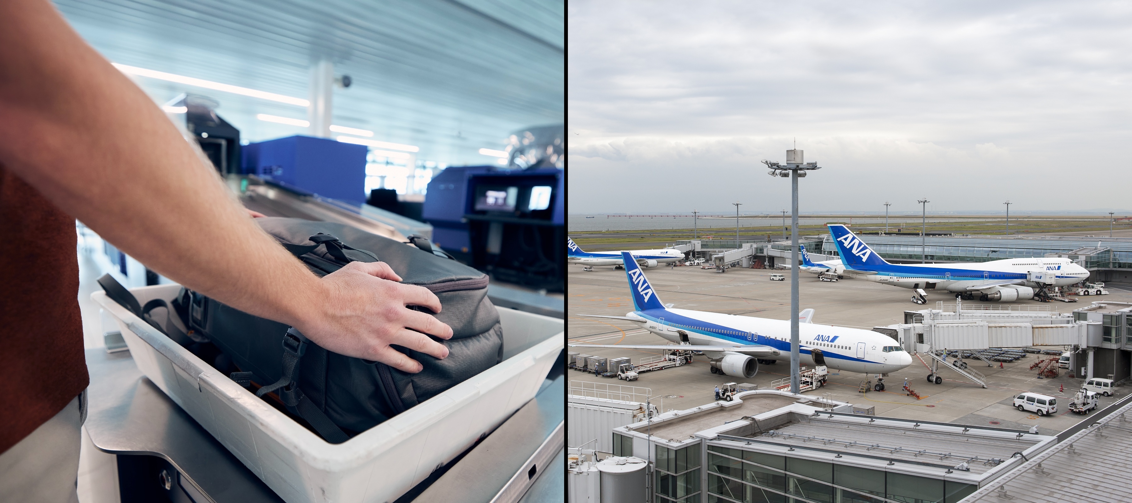 On the left a man places his luggage in bin for security, on the right Haneda airport tarmac