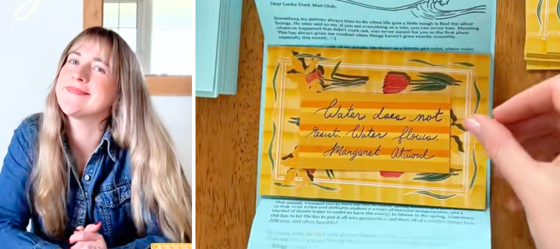 A side-by-side of Kiki Klassen, the founder of the Lucky Duck Mail Club, alongside an example of one of the letters in from her snail mail subscription service.