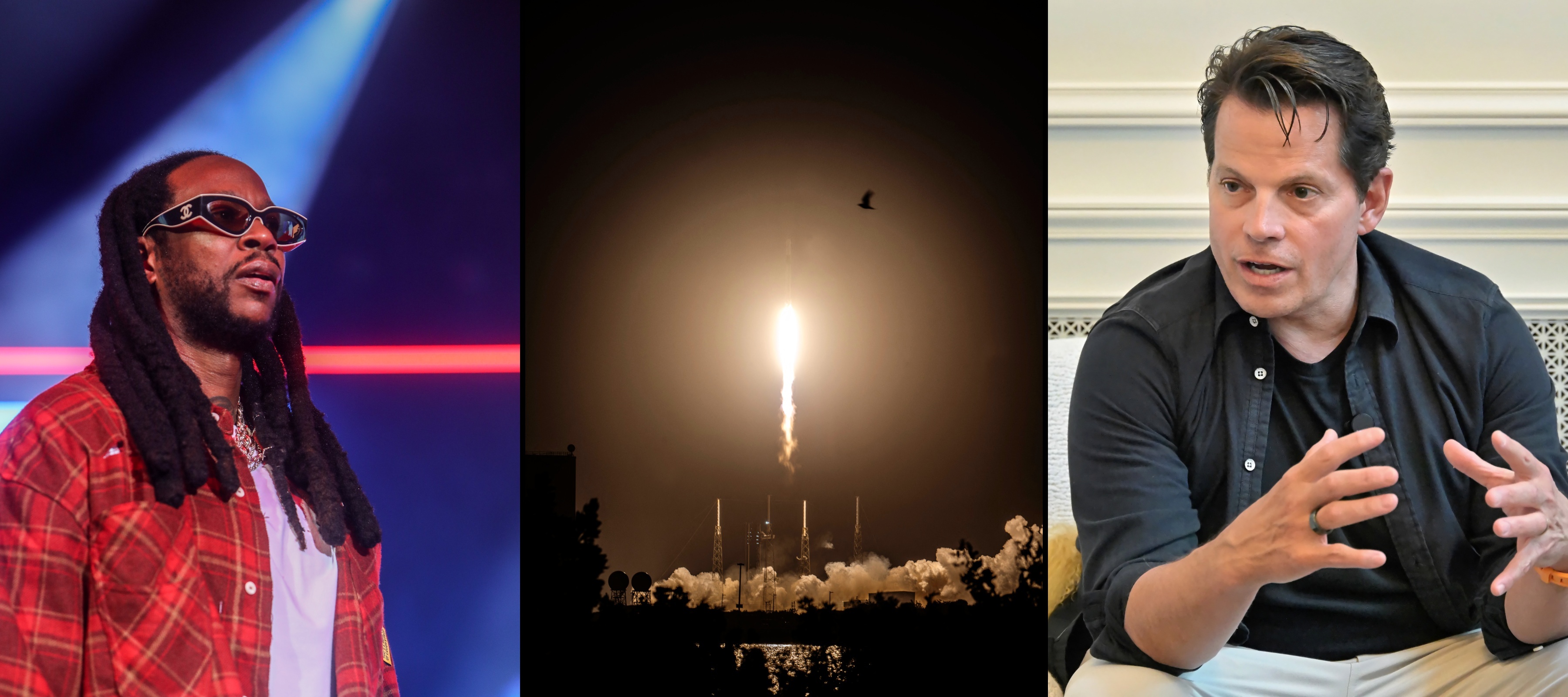 L: 2 Chainz, C: SpaceX rocket launch, R: Anthony Scaramucci,