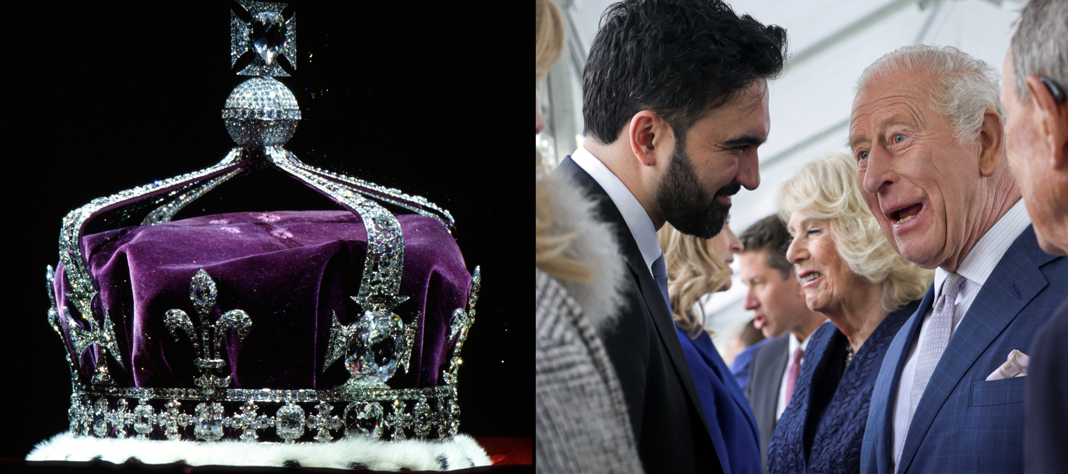 The Koh-i-Noor diamond is seen on the crown of Queen Elizabeth at left, and King Charles III shakes hands with NYC major Zohran Mamdani at right.
