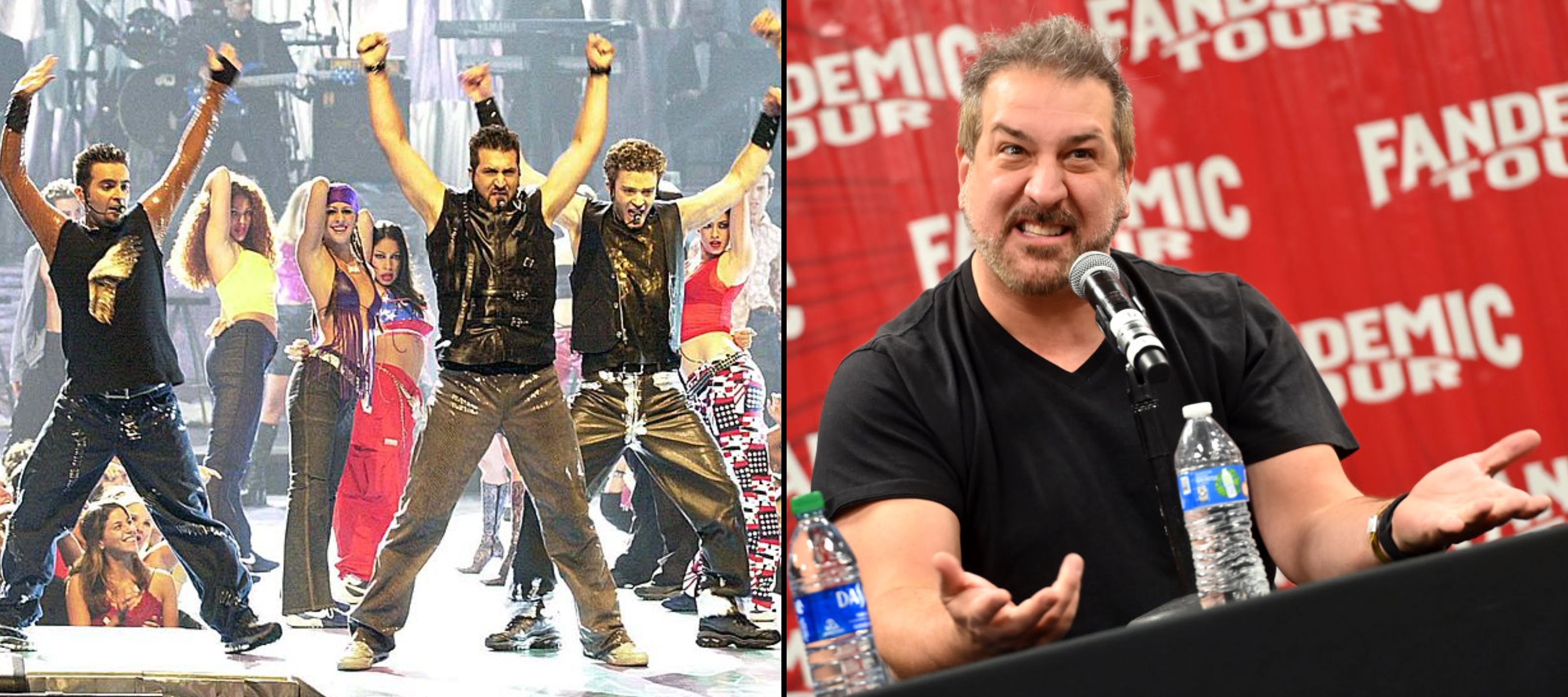 A split image of NSYNC performing in 2000 and NSYNC singer Joey Fatone
